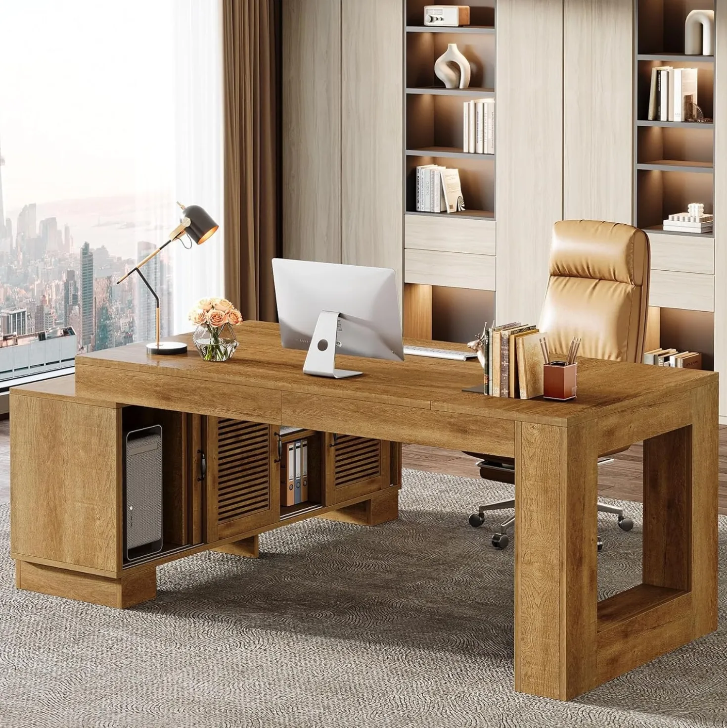 63" Computer Desk, L-shaped Executive Desk with Storage Cabinets