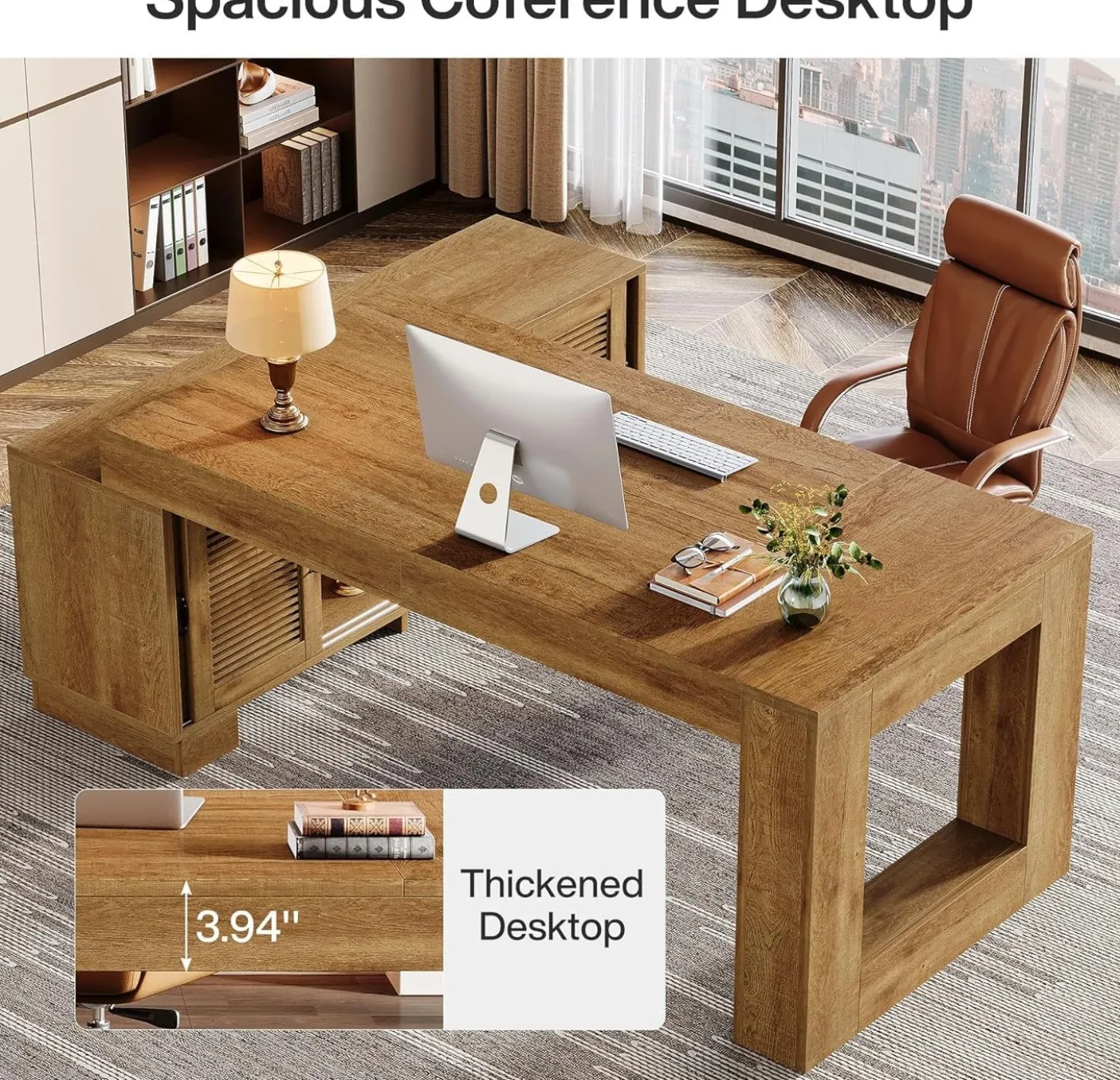 63" Computer Desk, L-shaped Executive Desk with Storage Cabinets