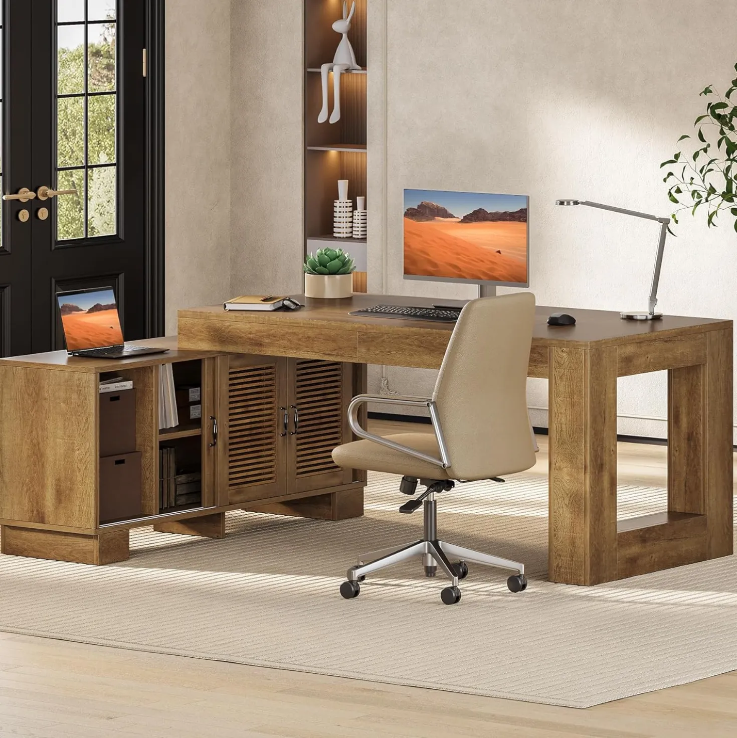 63" Computer Desk, L-shaped Executive Desk with Storage Cabinets