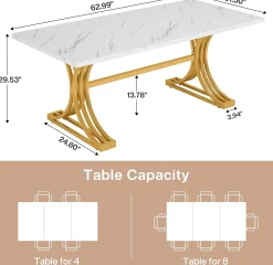 63" Computer Desk with Faux Marble Surface and Gold Metal Base, Modern Executive Desk