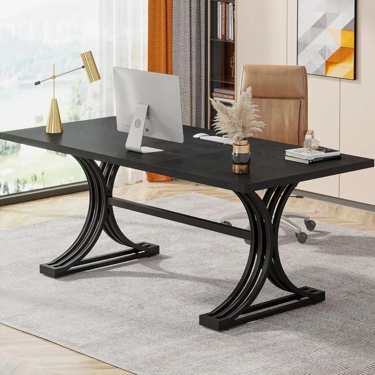 63" Computer Desk with Faux Marble Surface and Gold Metal Base, Modern Executive Desk