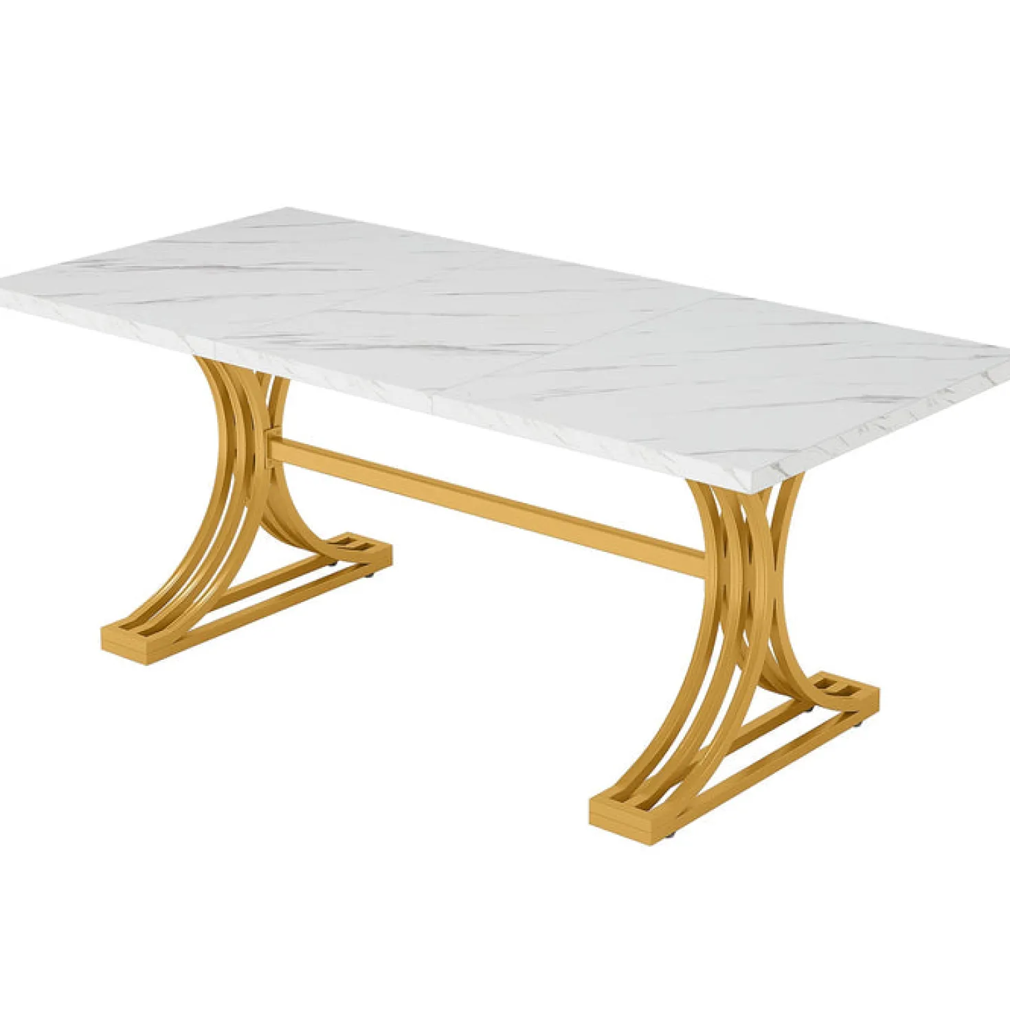 63" Computer Desk with Faux Marble Surface and Gold Metal Base, Modern Executive Desk