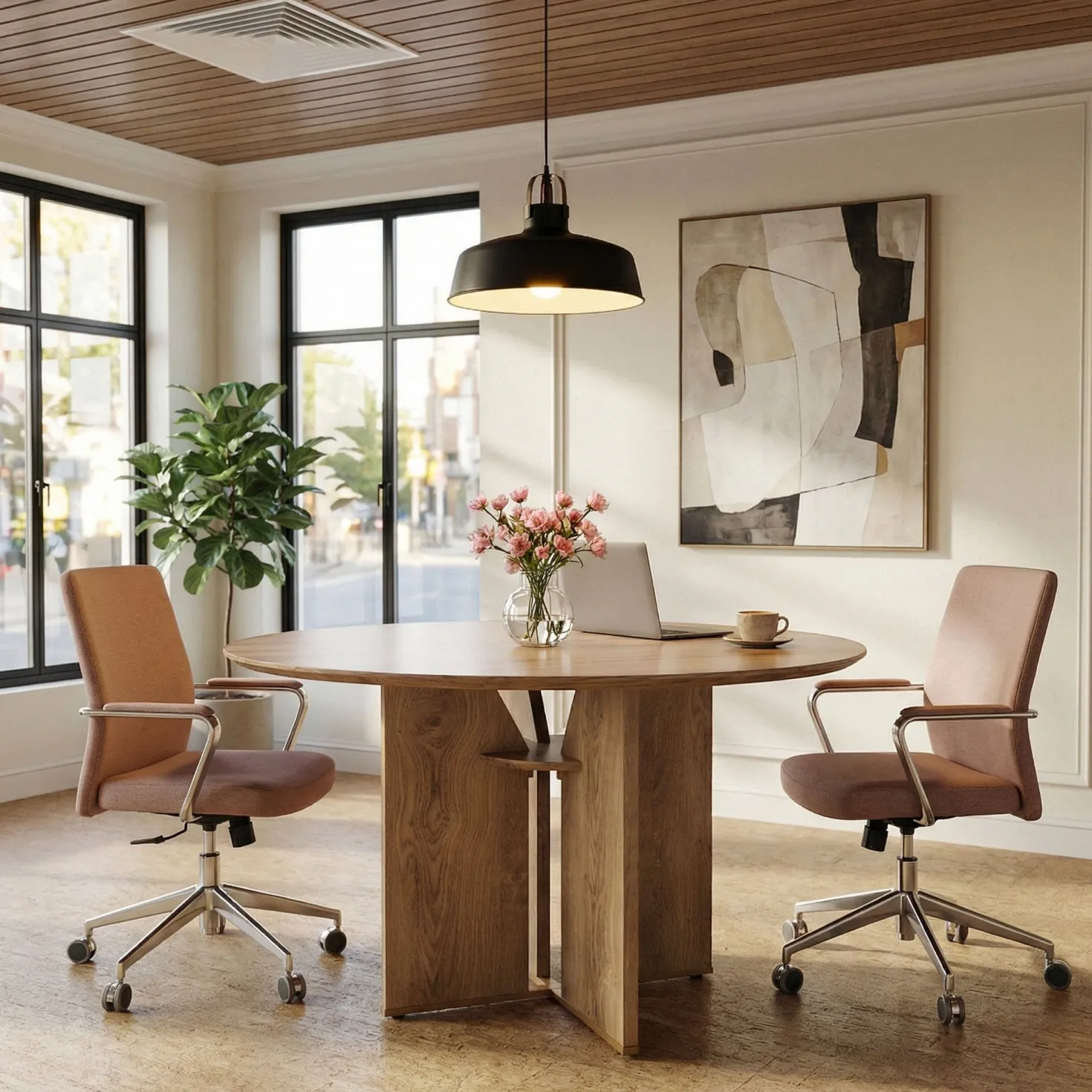 39.37" Conference Table for 4, Round Office Table with Lower Storage Shelf