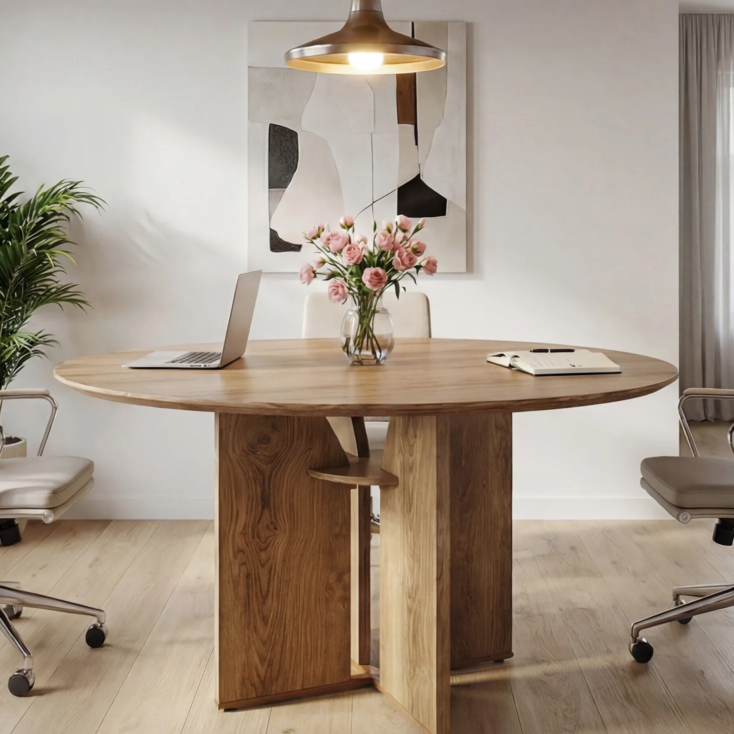 39.37" Conference Table for 4, Round Office Table with Lower Storage Shelf