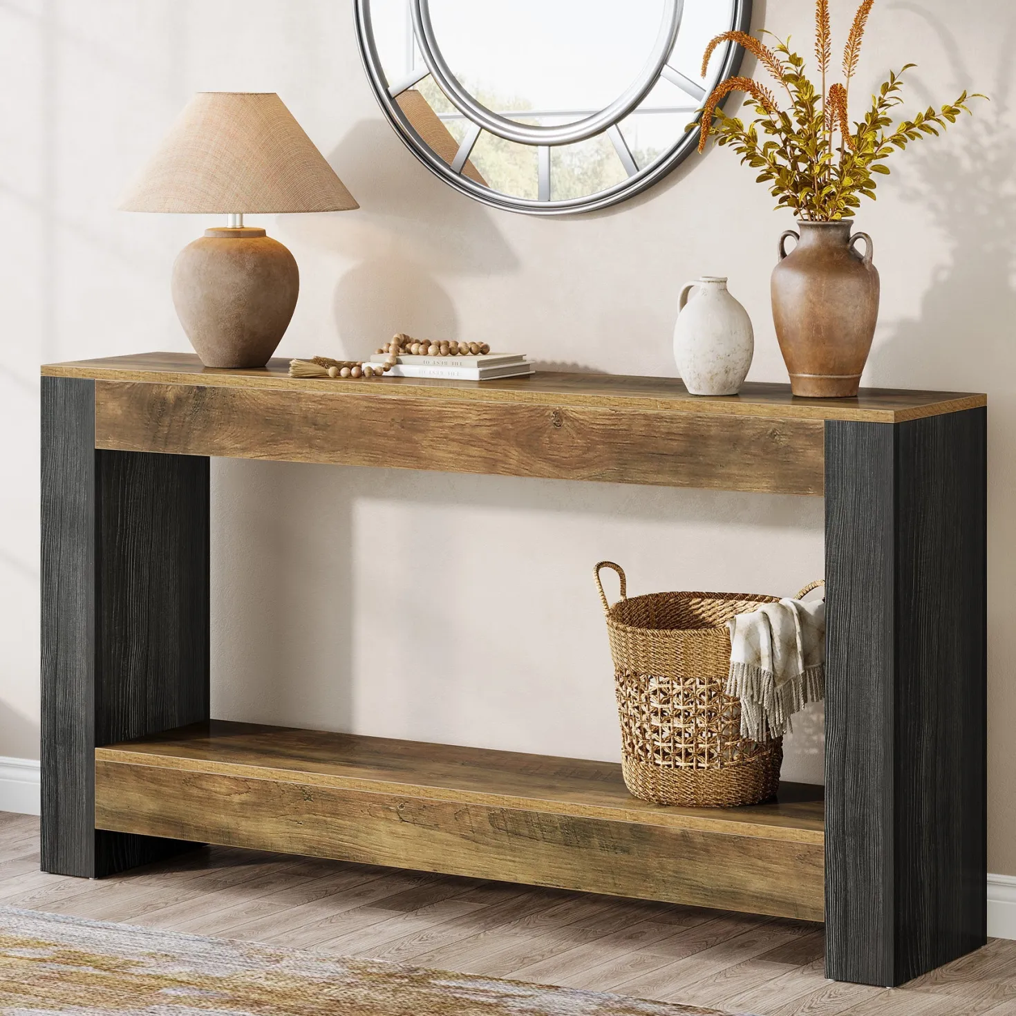 63" Console Table, Farmhouse Wood Sofa Table Behind Couch