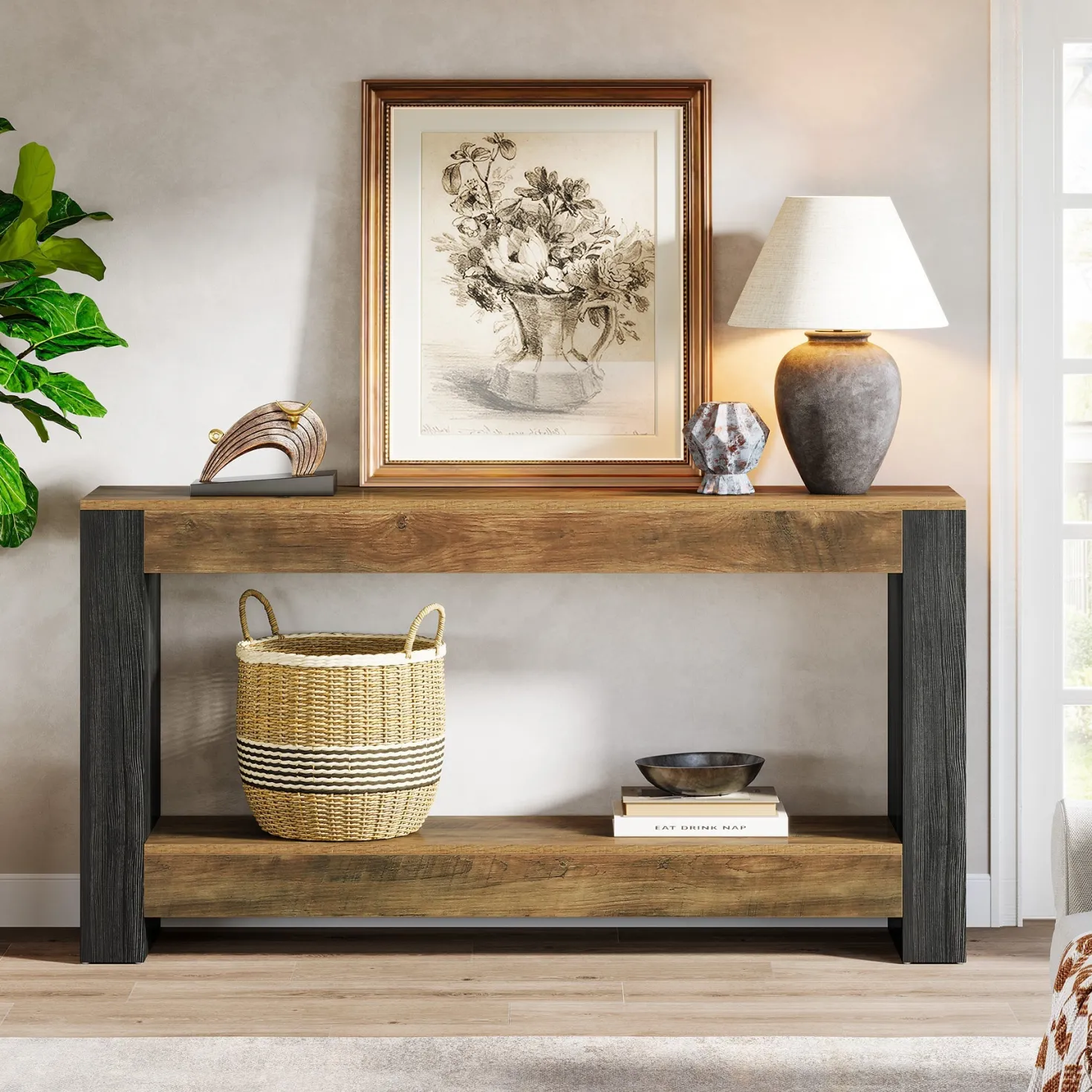 63" Console Table, Farmhouse Wood Sofa Table Behind Couch