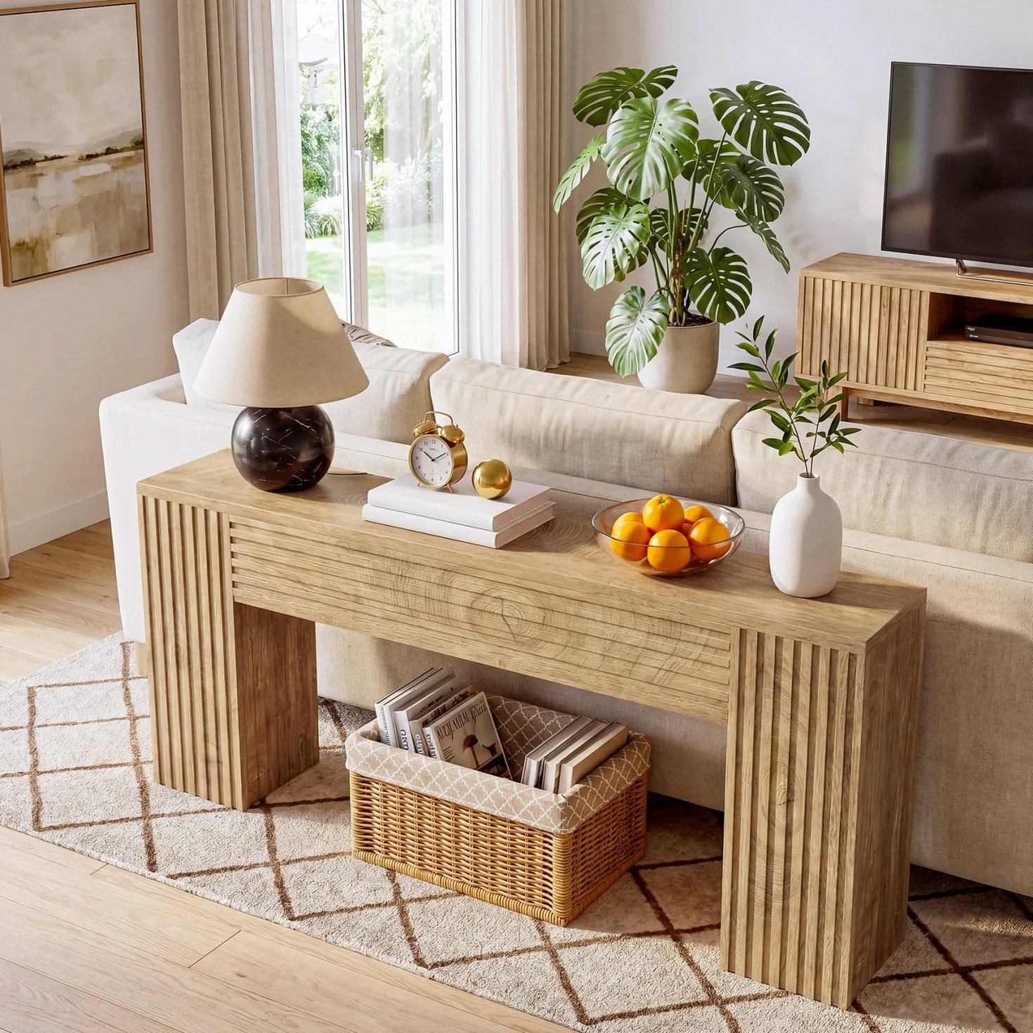 70.86" Console Table, Farmhouse Sofa Table Behind Couch with Fluted Leg Design