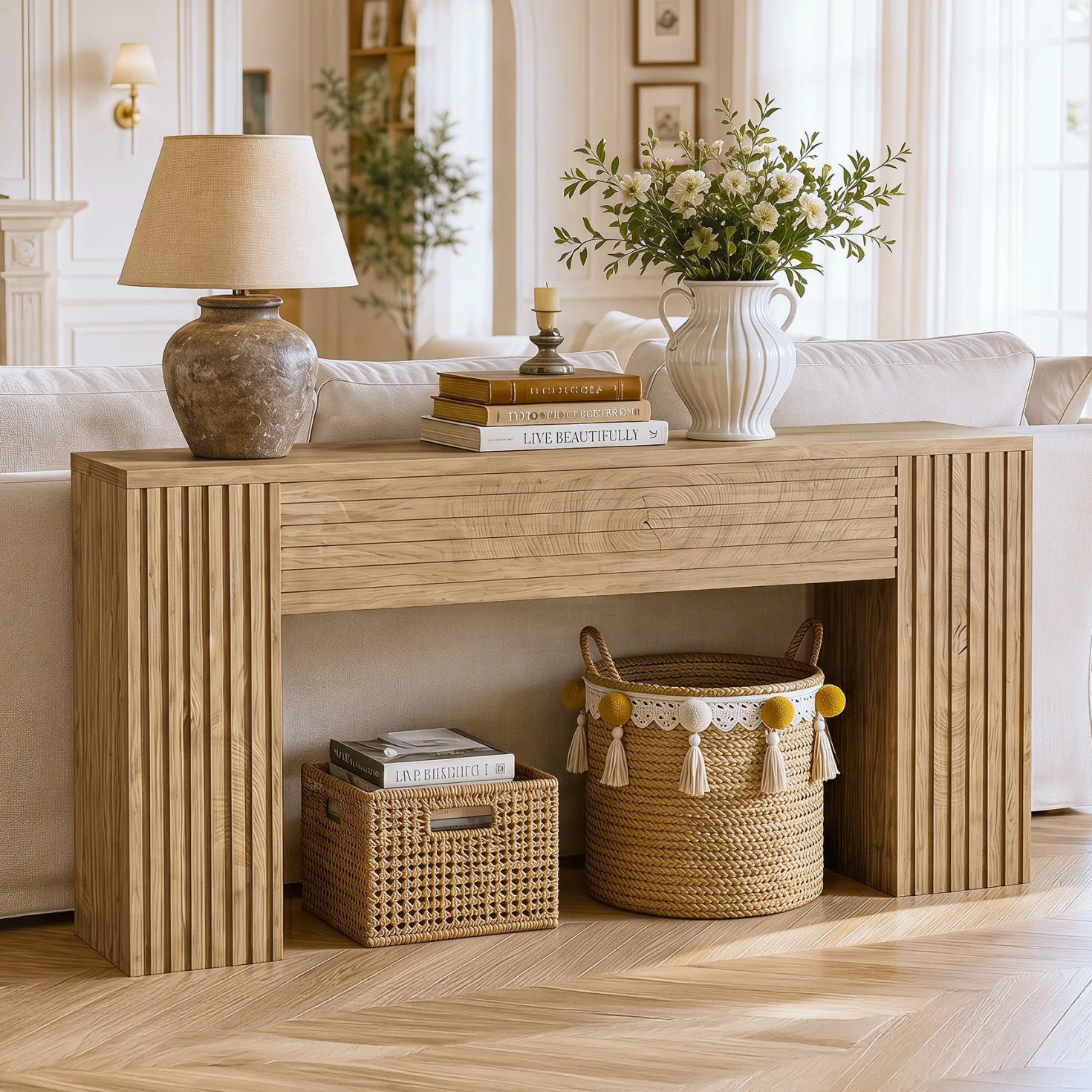 70.86" Console Table, Farmhouse Sofa Table Behind Couch with Fluted Leg Design