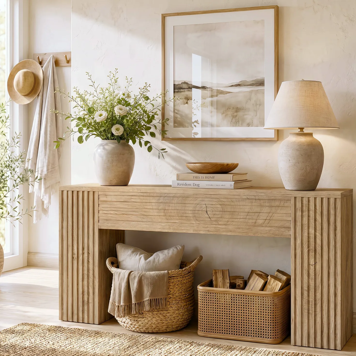 70.86" Console Table, Farmhouse Sofa Table Behind Couch with Fluted Leg Design