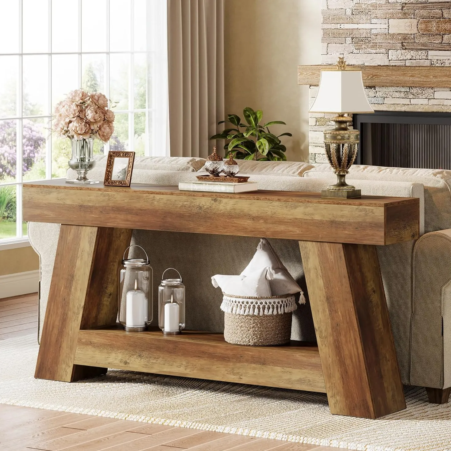 70.87" Console Table, Farmhouse 2-Tier Sofa Table with Open Storage Shelf