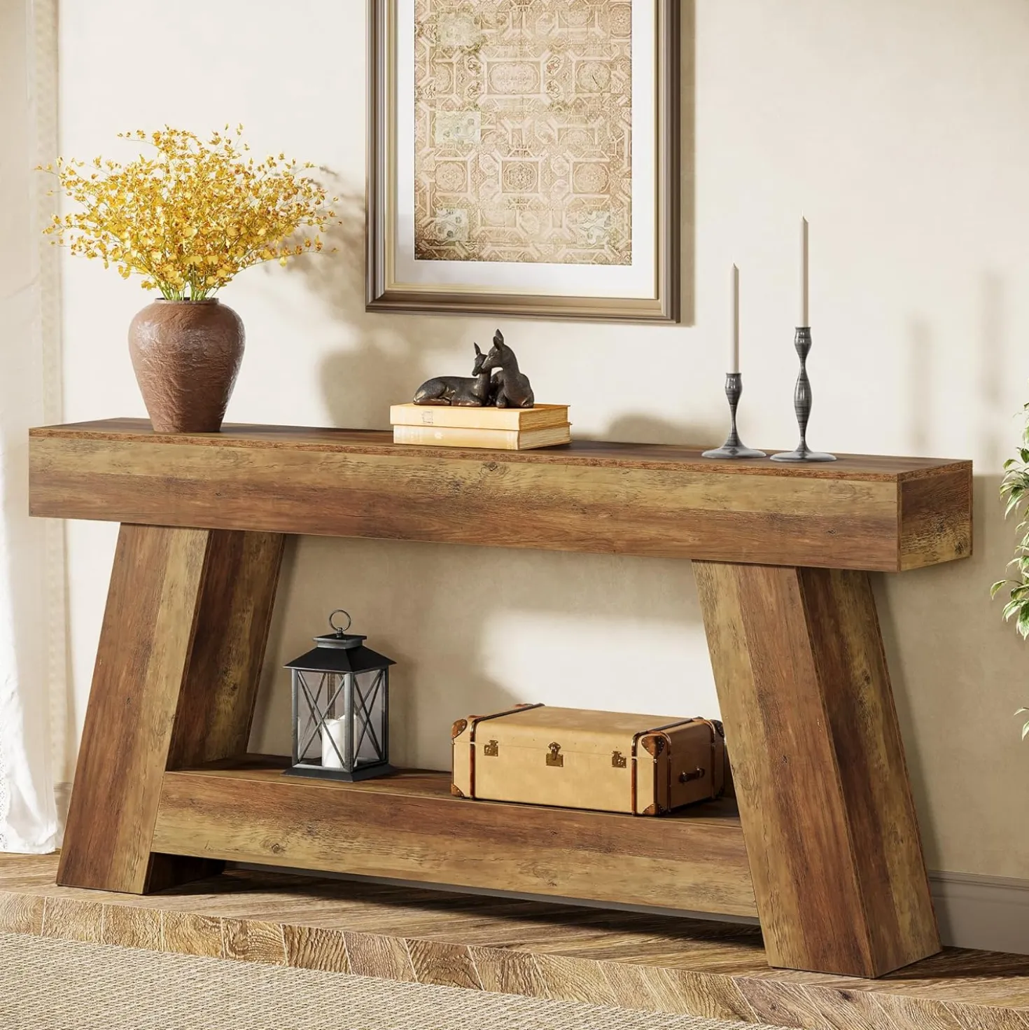 70.87" Console Table, Farmhouse 2-Tier Sofa Table with Open Storage Shelf