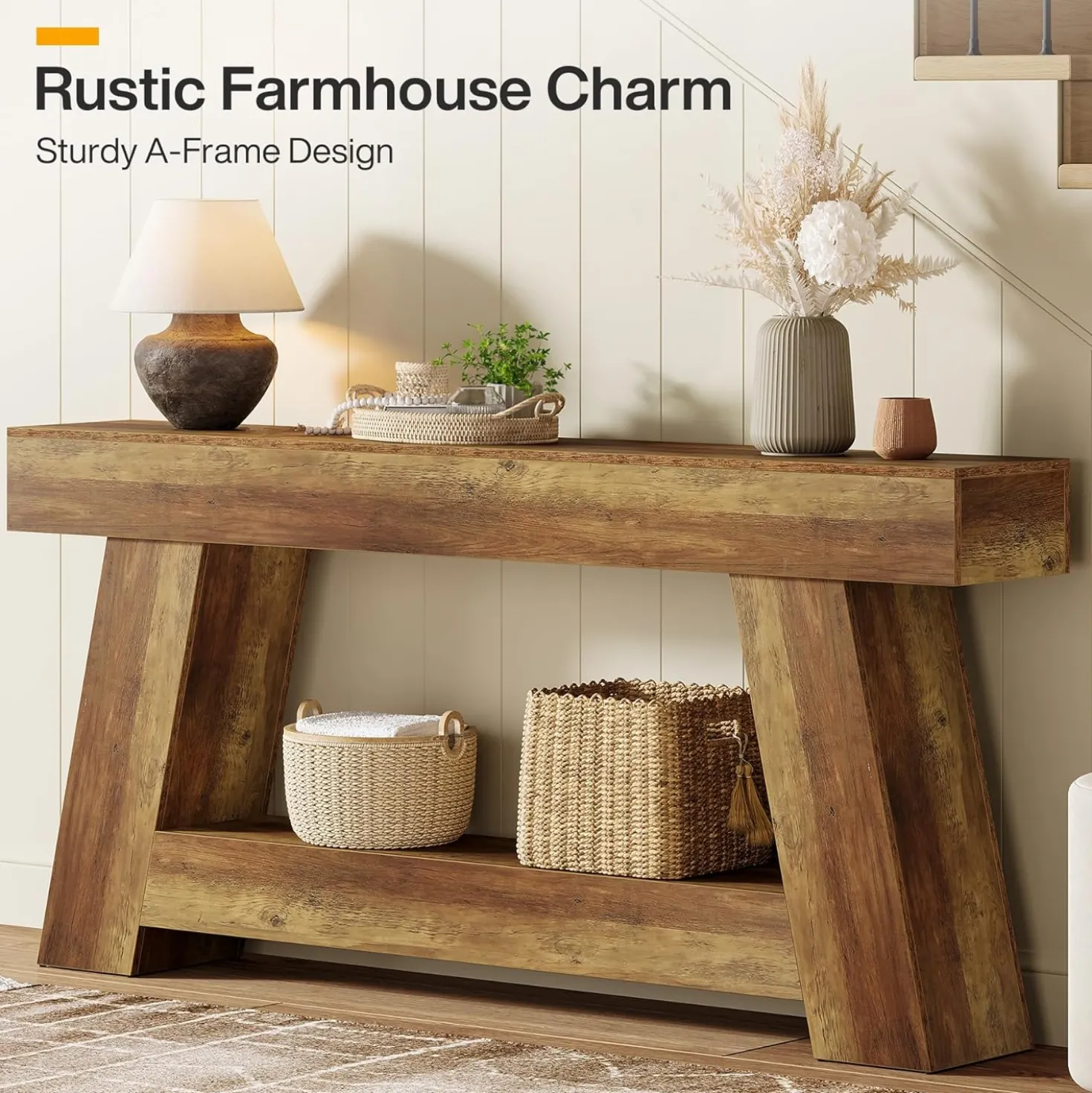 70.87" Console Table, Farmhouse 2-Tier Sofa Table with Open Storage Shelf