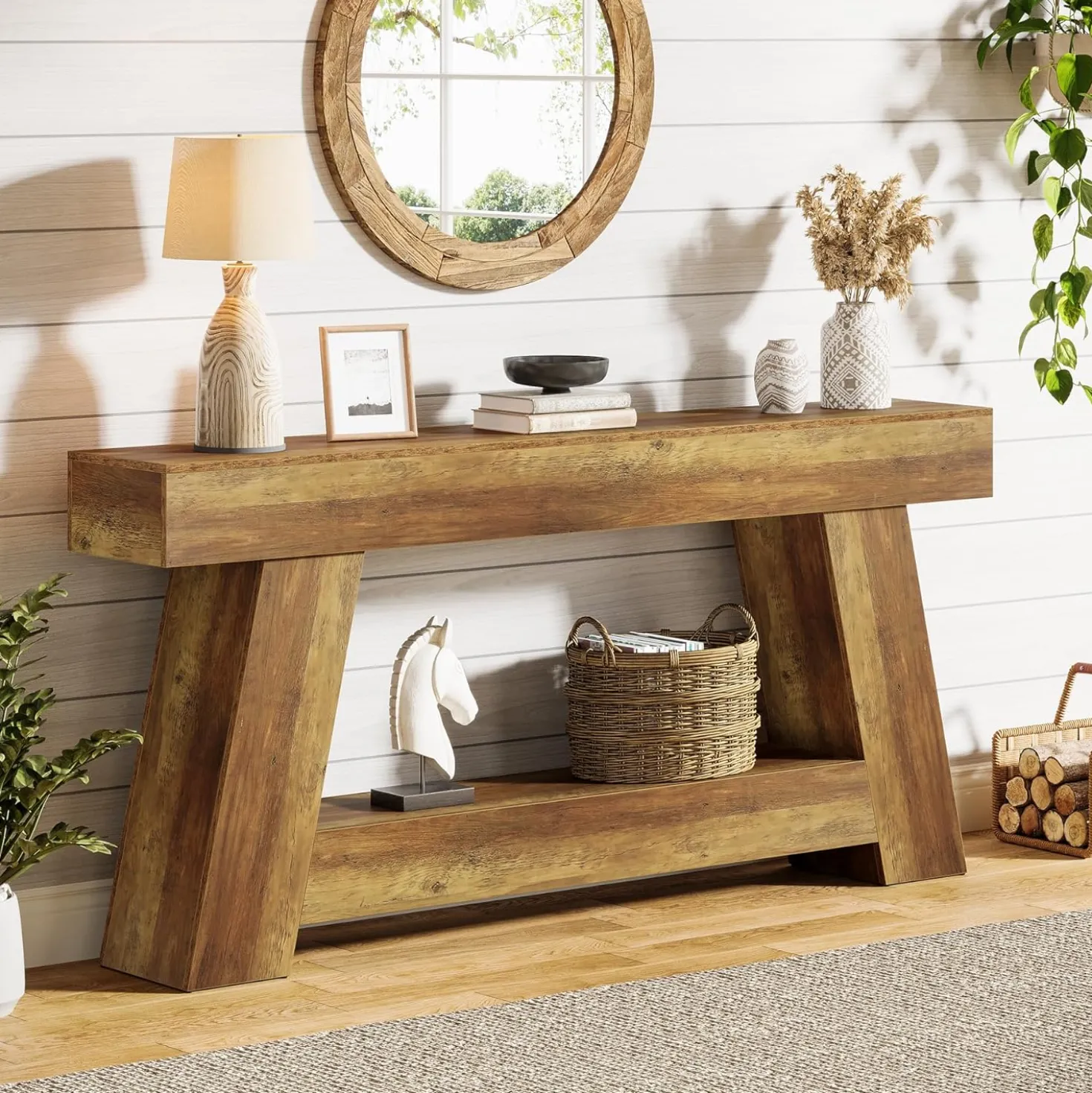 70.87" Console Table, Farmhouse 2-Tier Sofa Table with Open Storage Shelf