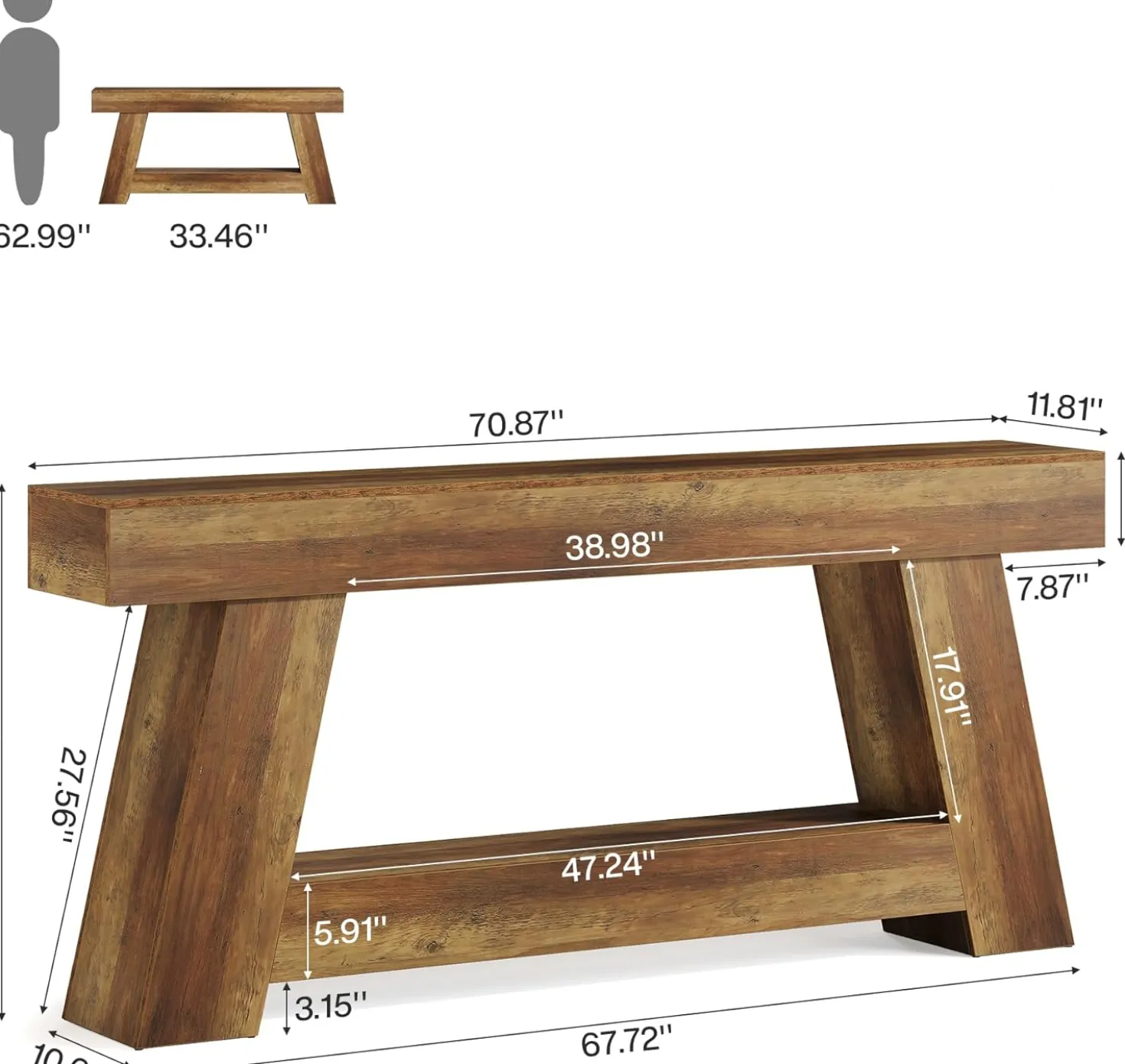 70.87" Console Table, Farmhouse 2-Tier Sofa Table with Open Storage Shelf