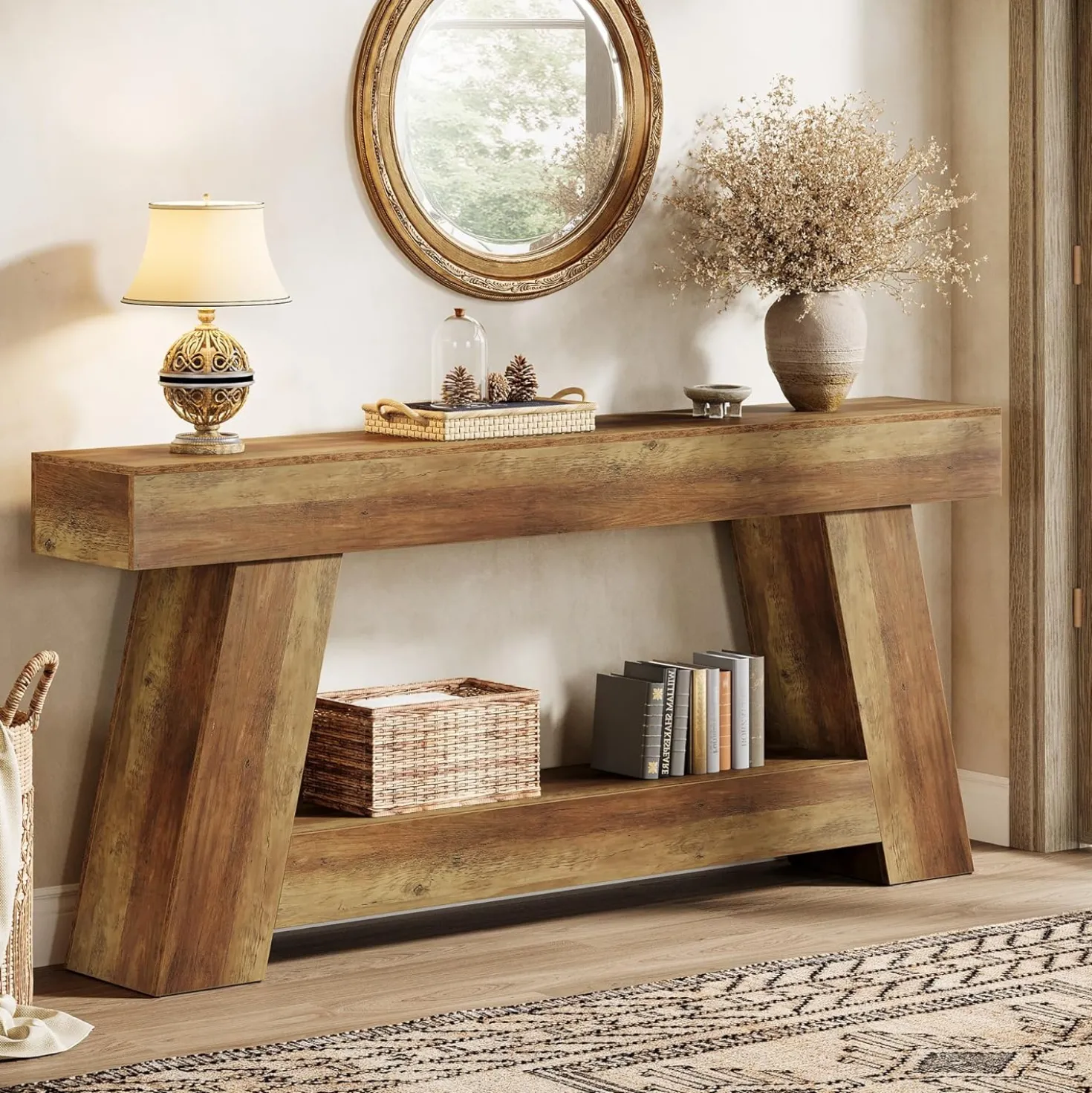 70.87" Console Table, Farmhouse 2-Tier Sofa Table with Open Storage Shelf