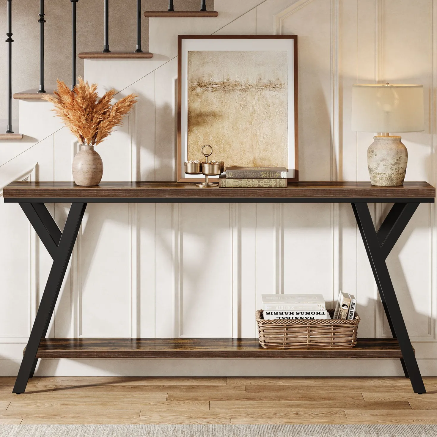 70.9" Console Table, Industrial Sofa Table Behind Couch with 2-Tier Storage Shelf