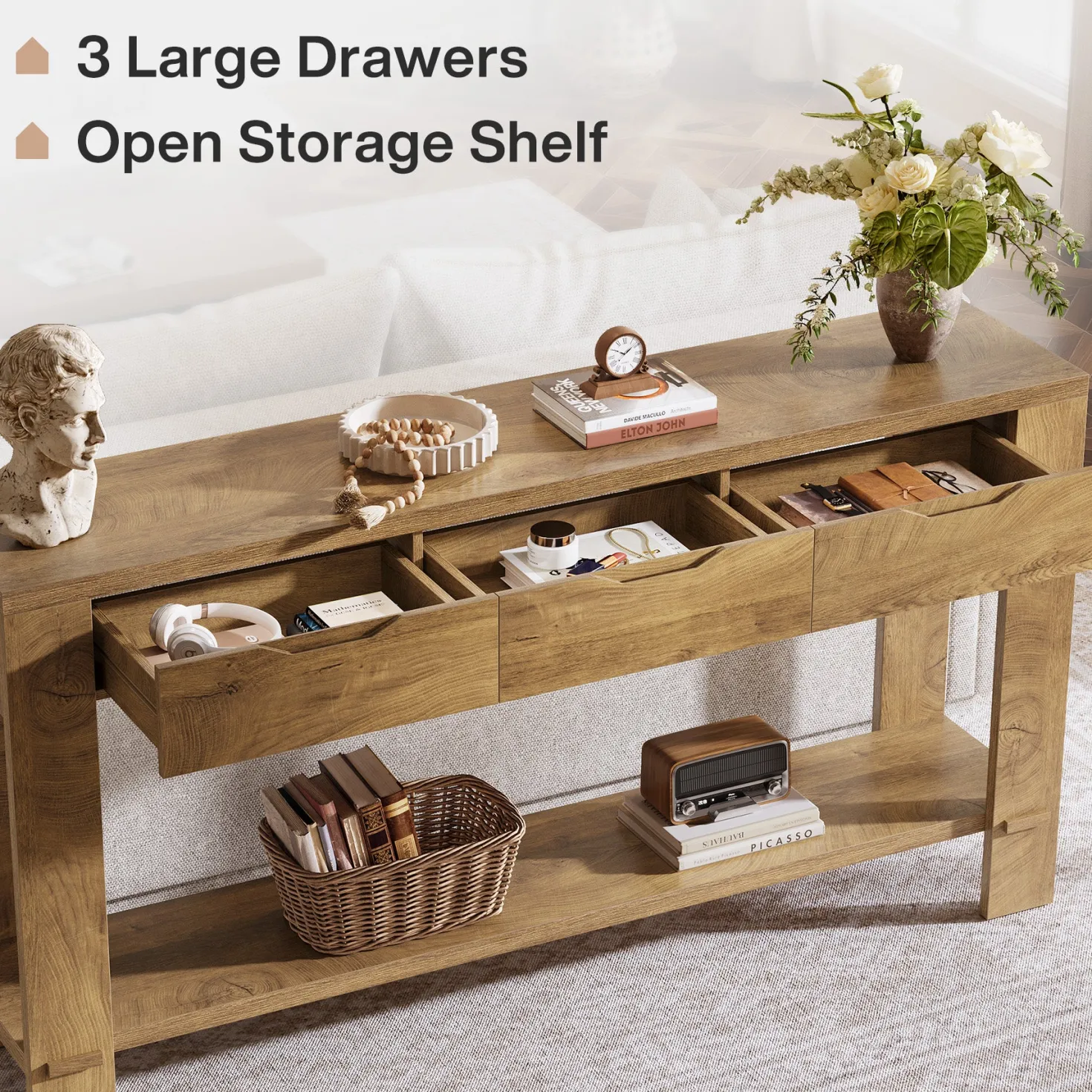 67“ Console Table, Narrow Farmhouse Entryway Table with 3 Storage Drawers