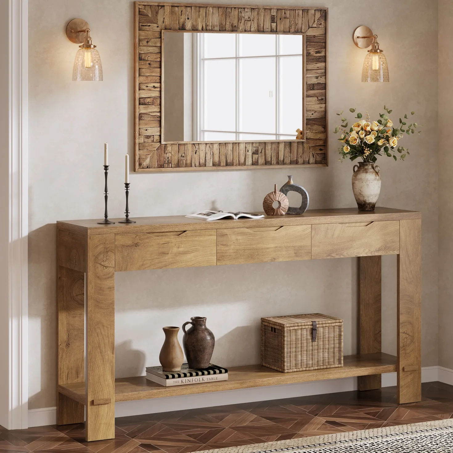 67“ Console Table, Narrow Farmhouse Entryway Table with 3 Storage Drawers
