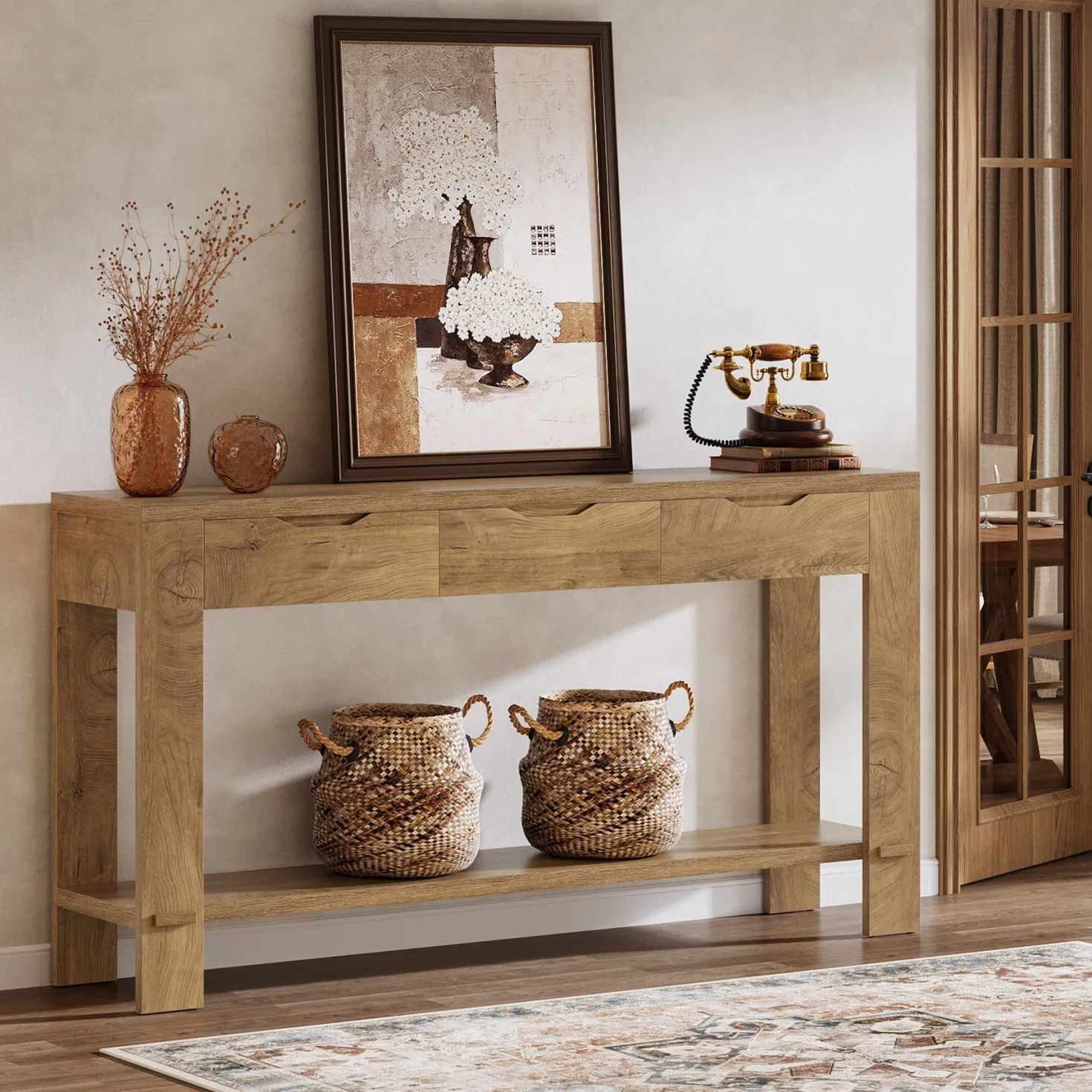 67“ Console Table, Narrow Farmhouse Entryway Table with 3 Storage Drawers