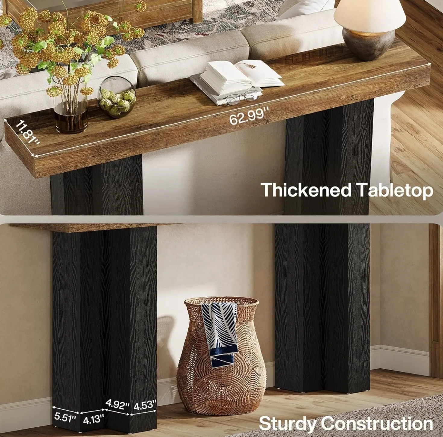 63" Console Table, Narrow Sofa Console Entryway Table with Sturdy Legs