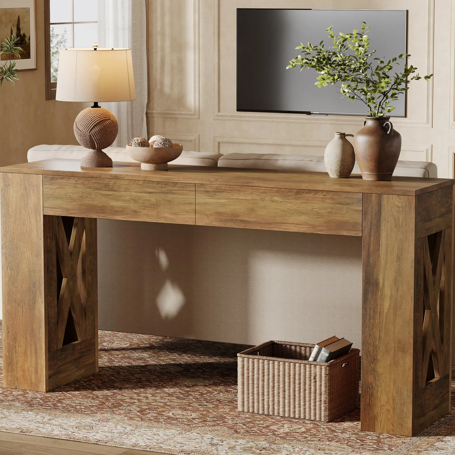 63" Console Table, Narrow Sofa Table with 2 Drawers and X-Shaped Legs