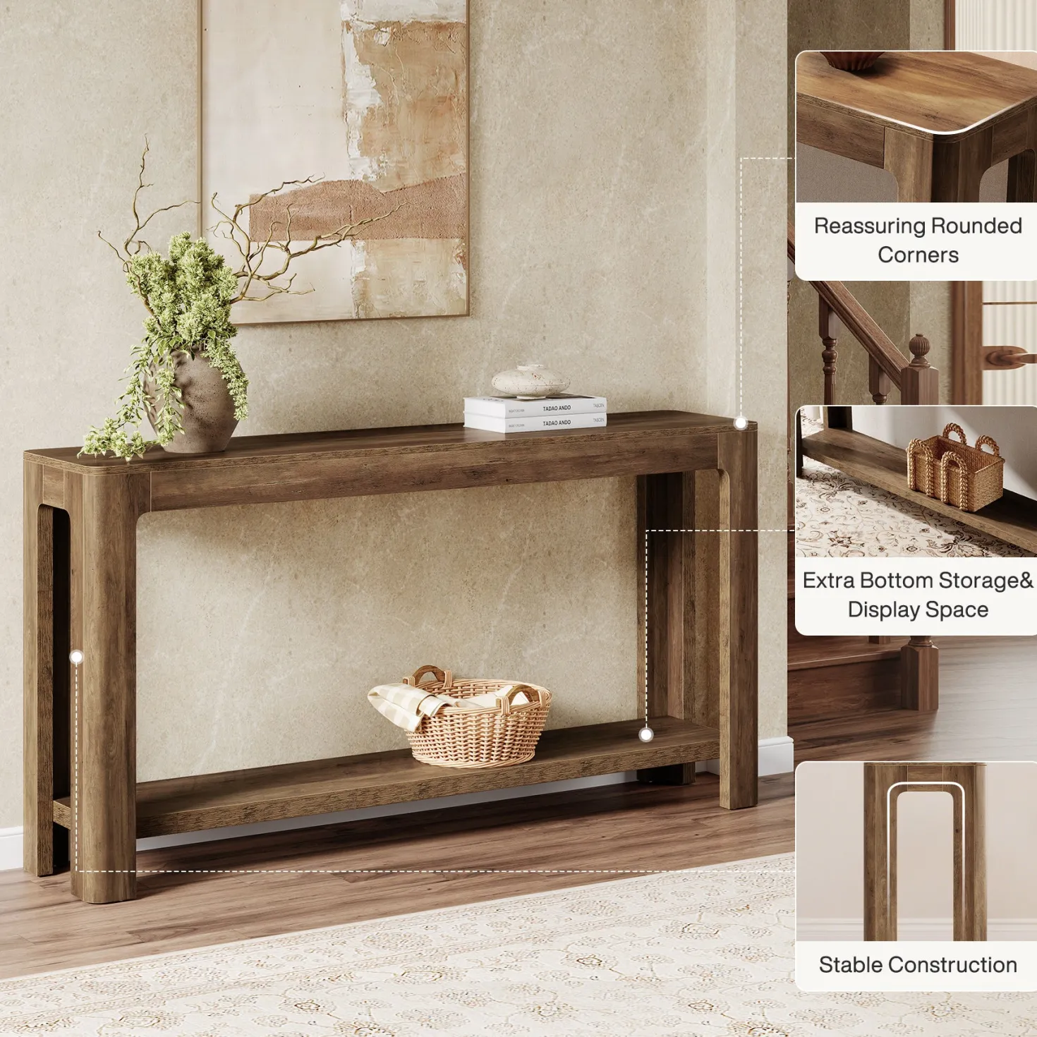 63" Console Table, Narrow 2-Tier Sofa Table Accent Entrance Console