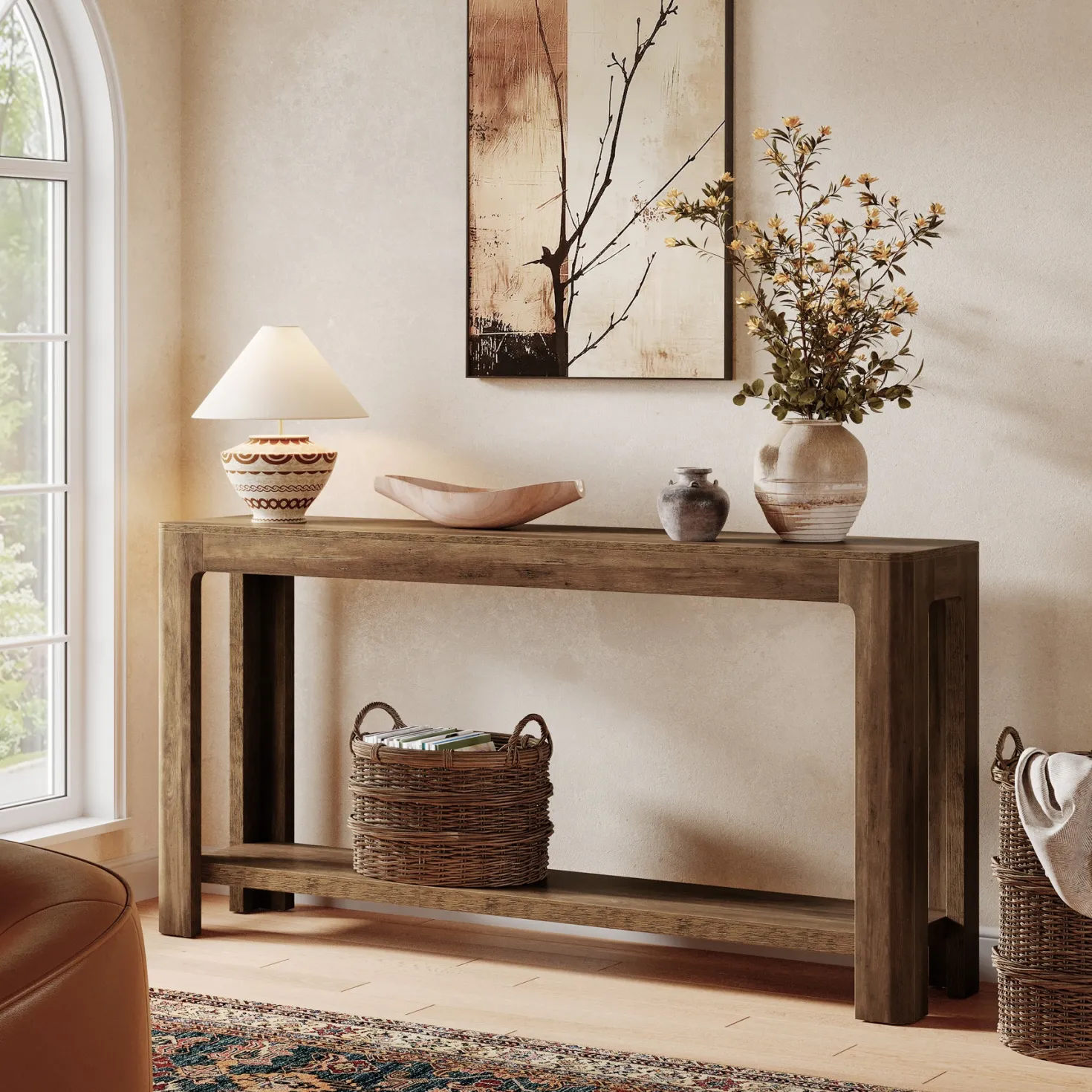 63" Console Table, Narrow 2-Tier Sofa Table Accent Entrance Console