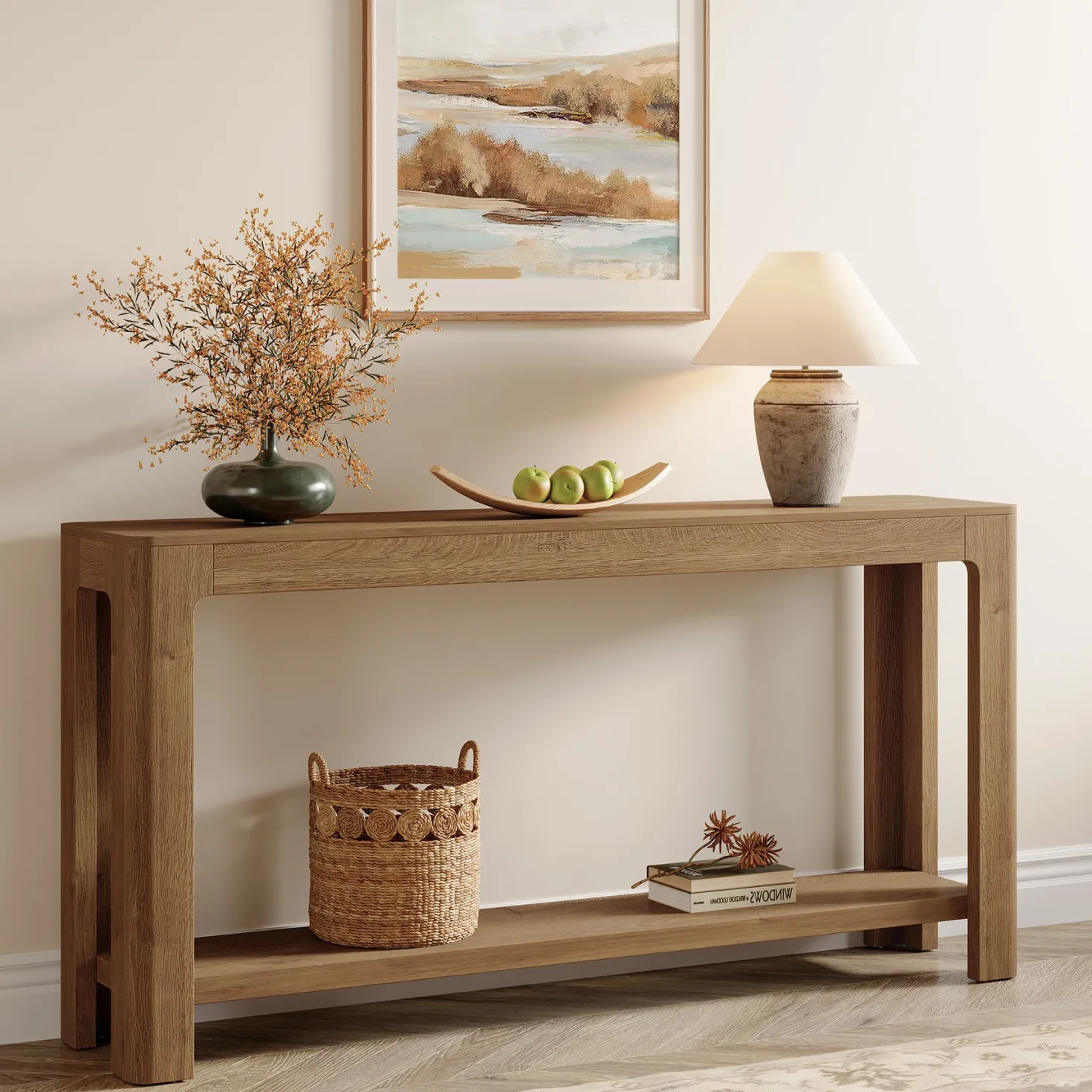 63" Console Table, Narrow 2-Tier Sofa Table Accent Entrance Console