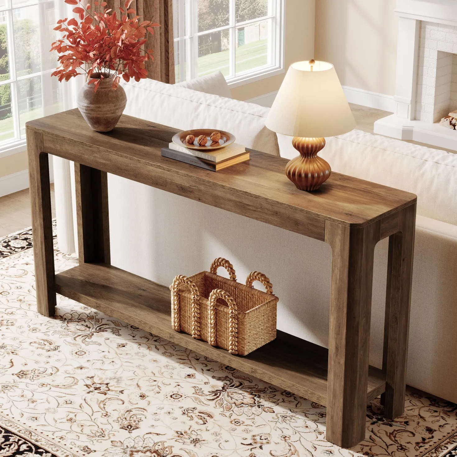 63" Console Table, Narrow 2-Tier Sofa Table Accent Entrance Console