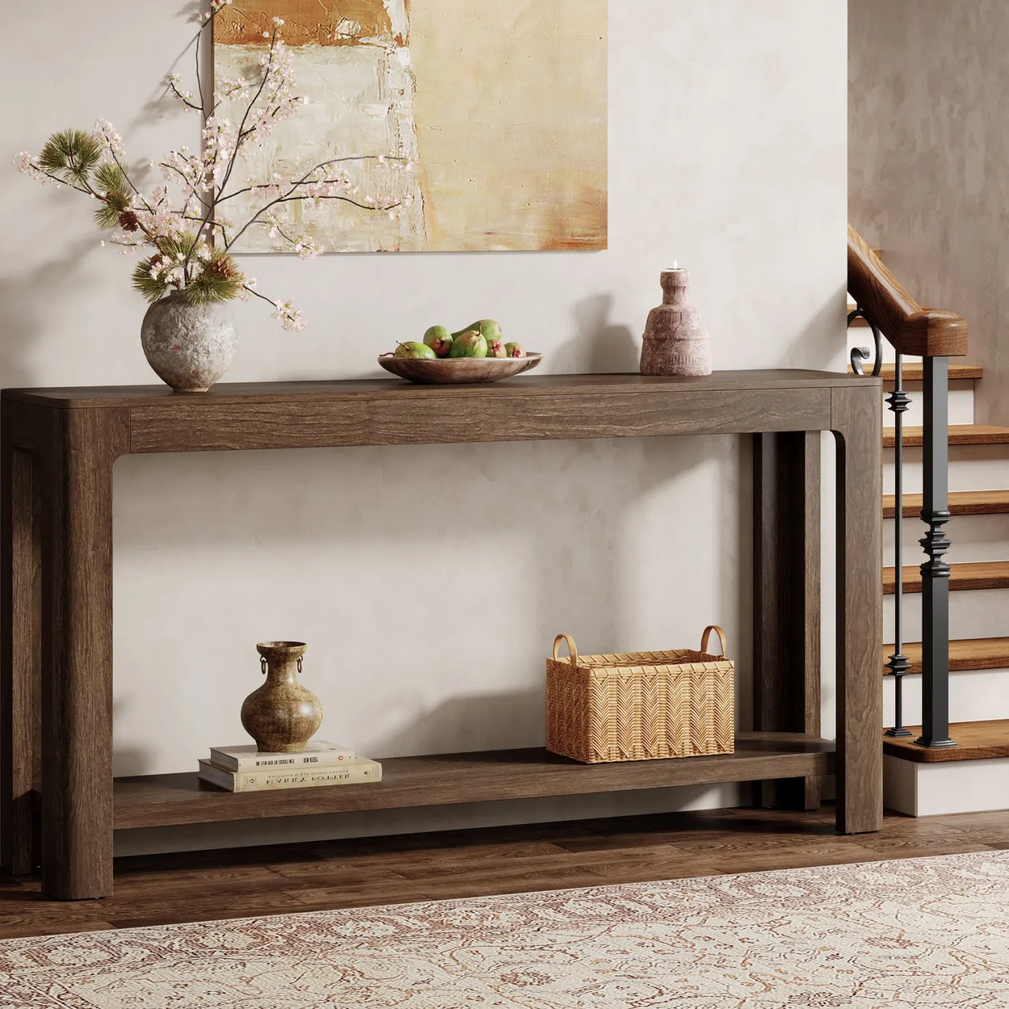 63" Console Table, Narrow 2-Tier Sofa Table Accent Entrance Console
