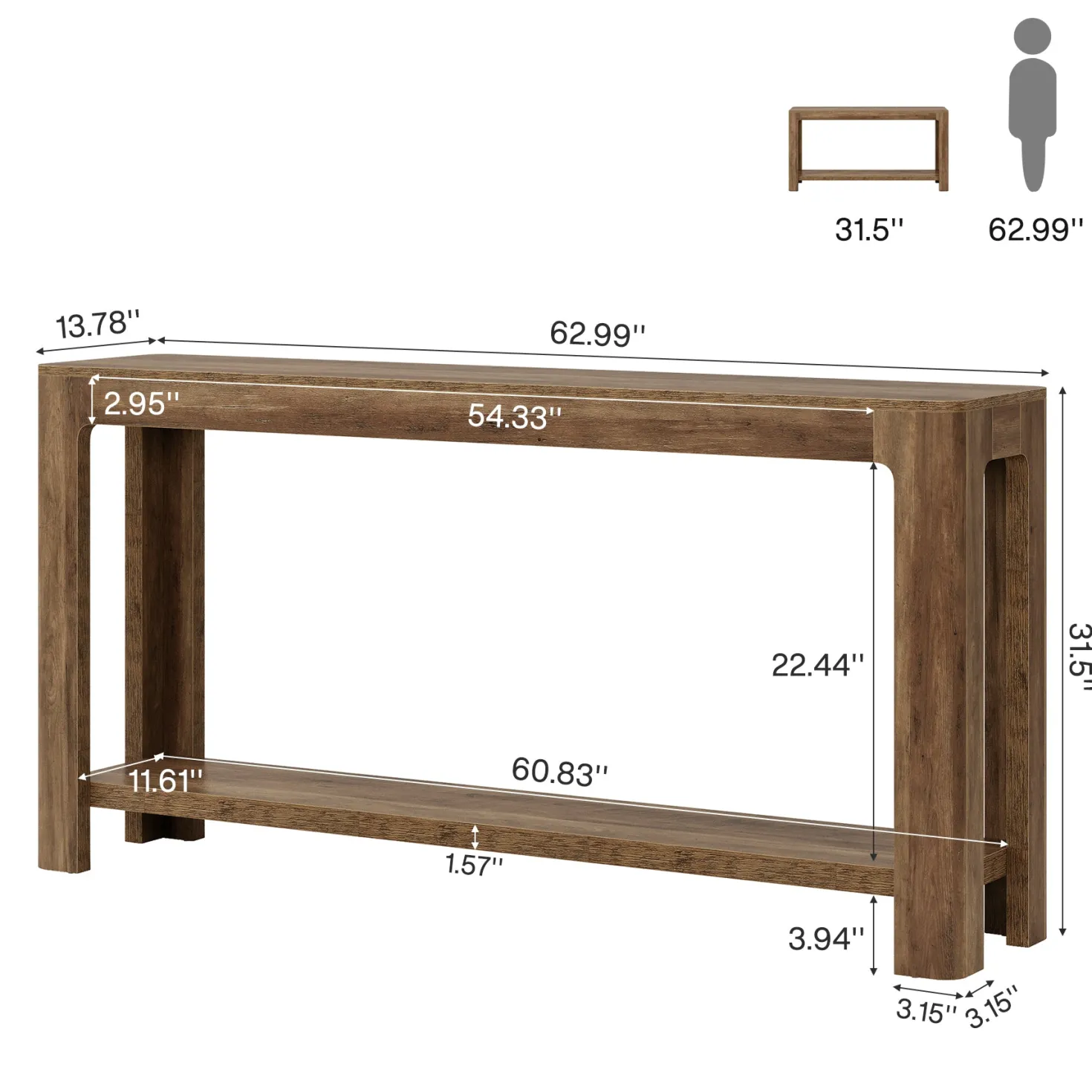 63" Console Table, Narrow 2-Tier Sofa Table Accent Entrance Console