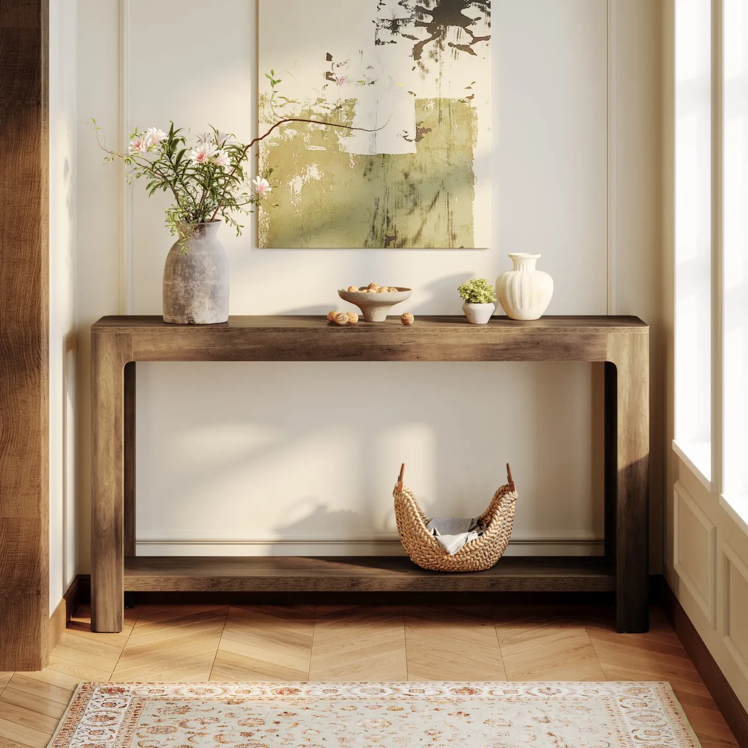 63" Console Table, Narrow 2-Tier Sofa Table Accent Entrance Console
