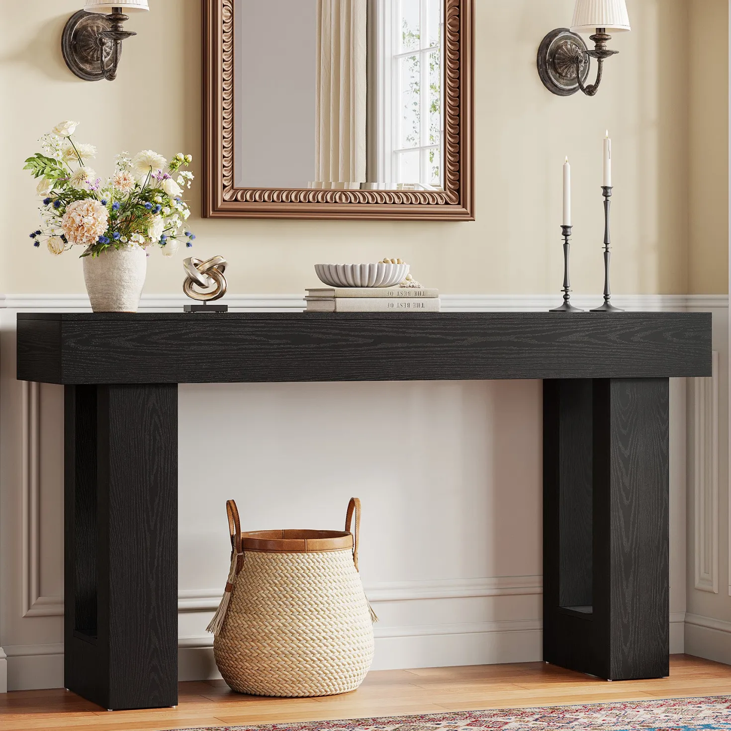 63" Console Table, Rectangular Sofa Table with Thick Legs Behind Couch