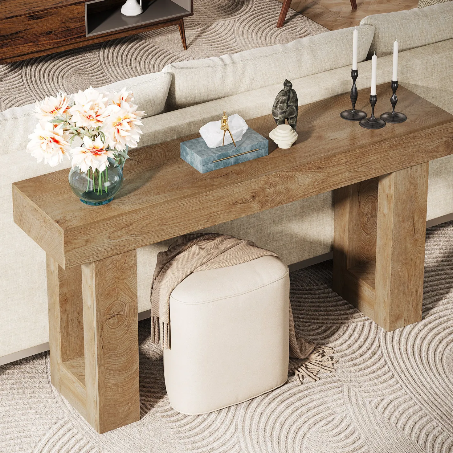 63" Console Table, Rectangular Sofa Table with Thick Legs Behind Couch