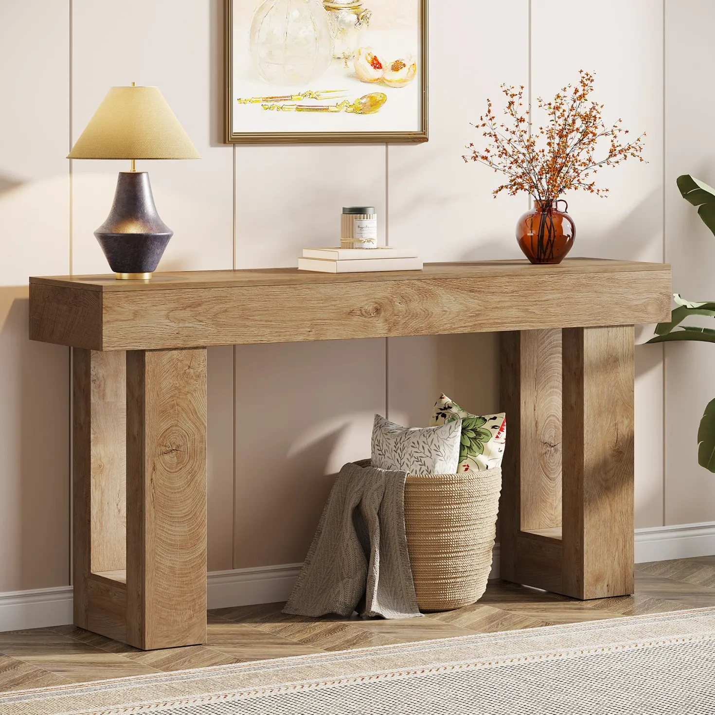 63" Console Table, Rectangular Sofa Table with Thick Legs Behind Couch