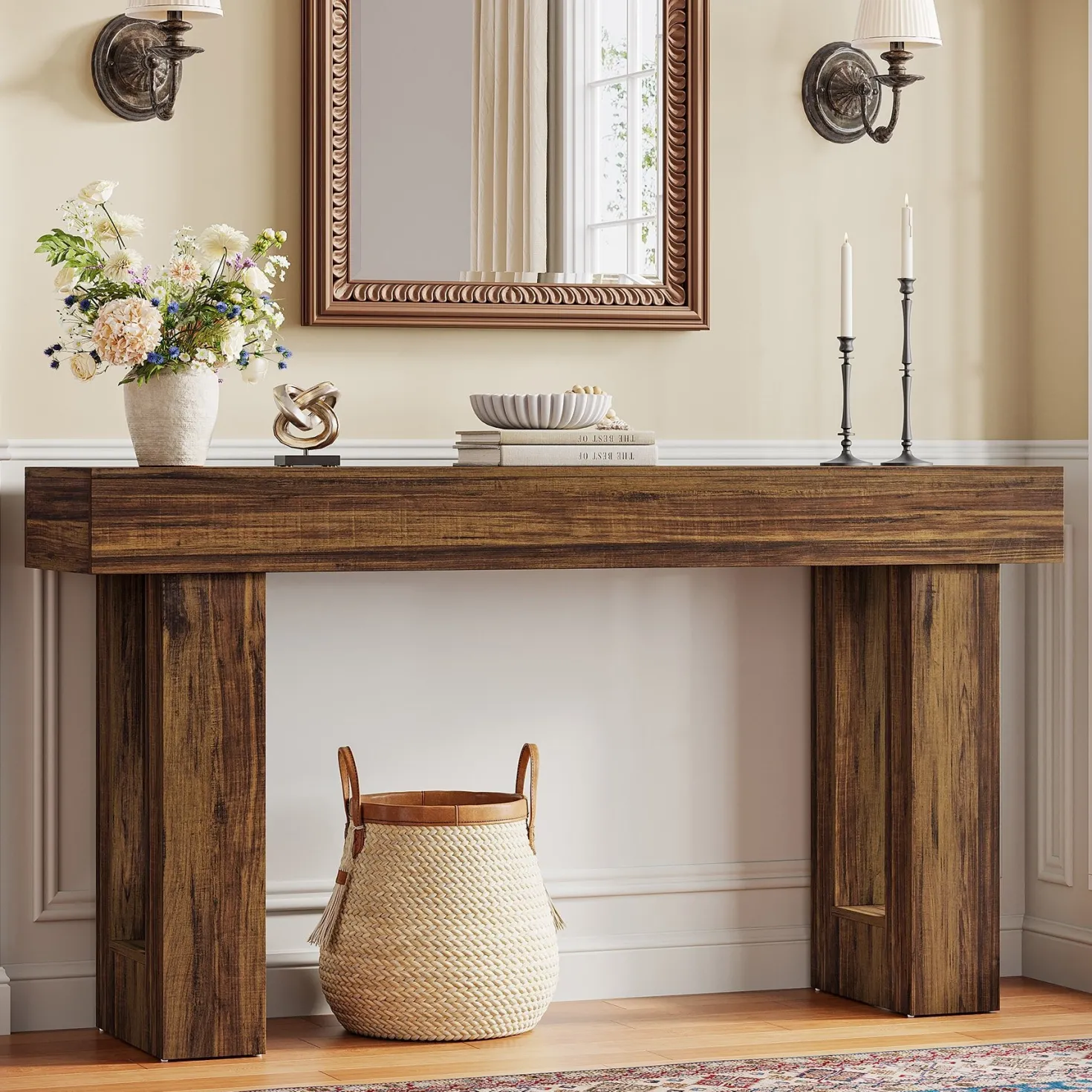 63" Console Table, Rectangular Sofa Table with Thick Legs Behind Couch