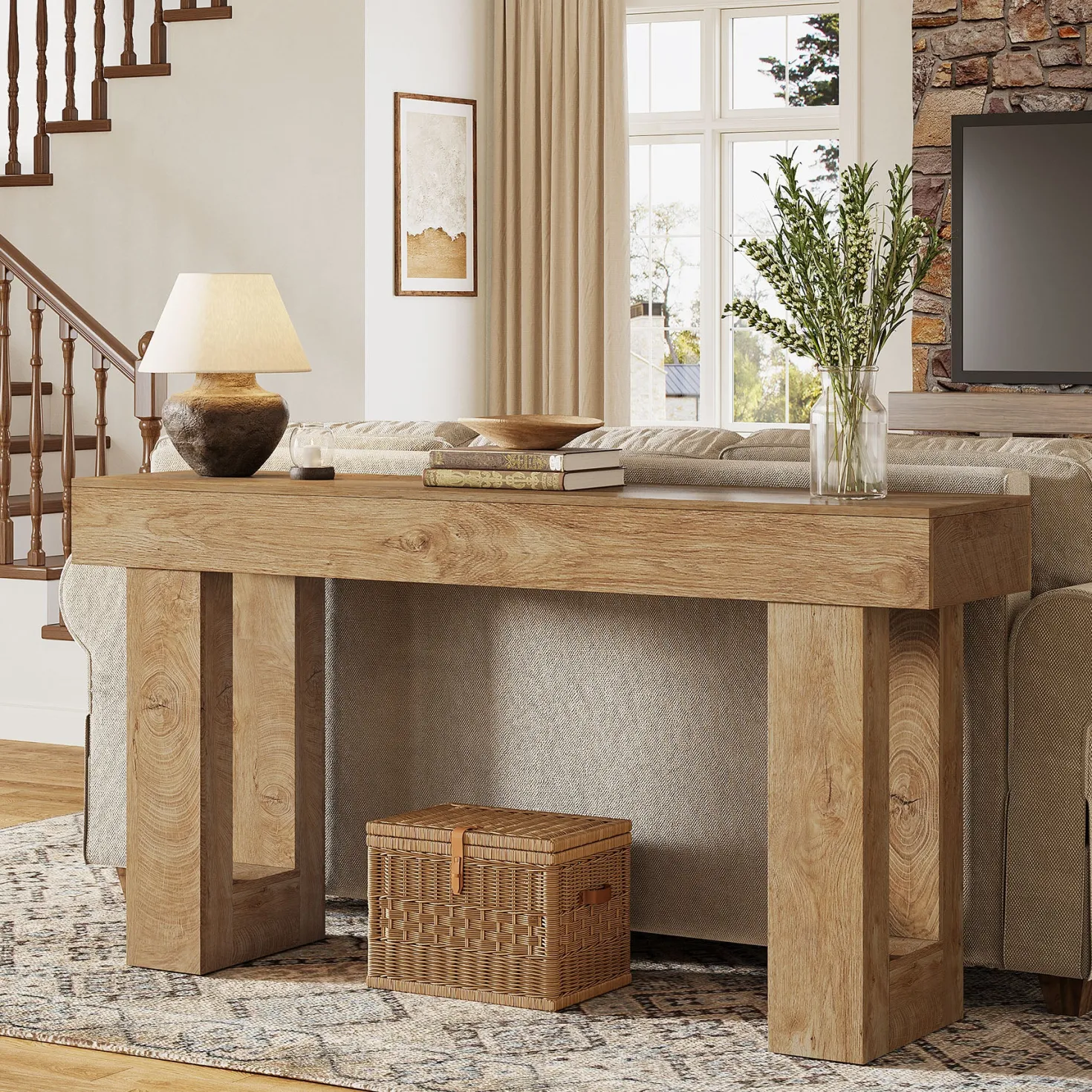 63" Console Table, Rectangular Sofa Table with Thick Legs Behind Couch
