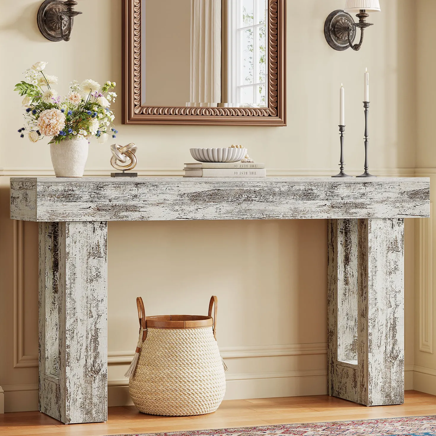 63" Console Table, Rectangular Sofa Table with Thick Legs Behind Couch