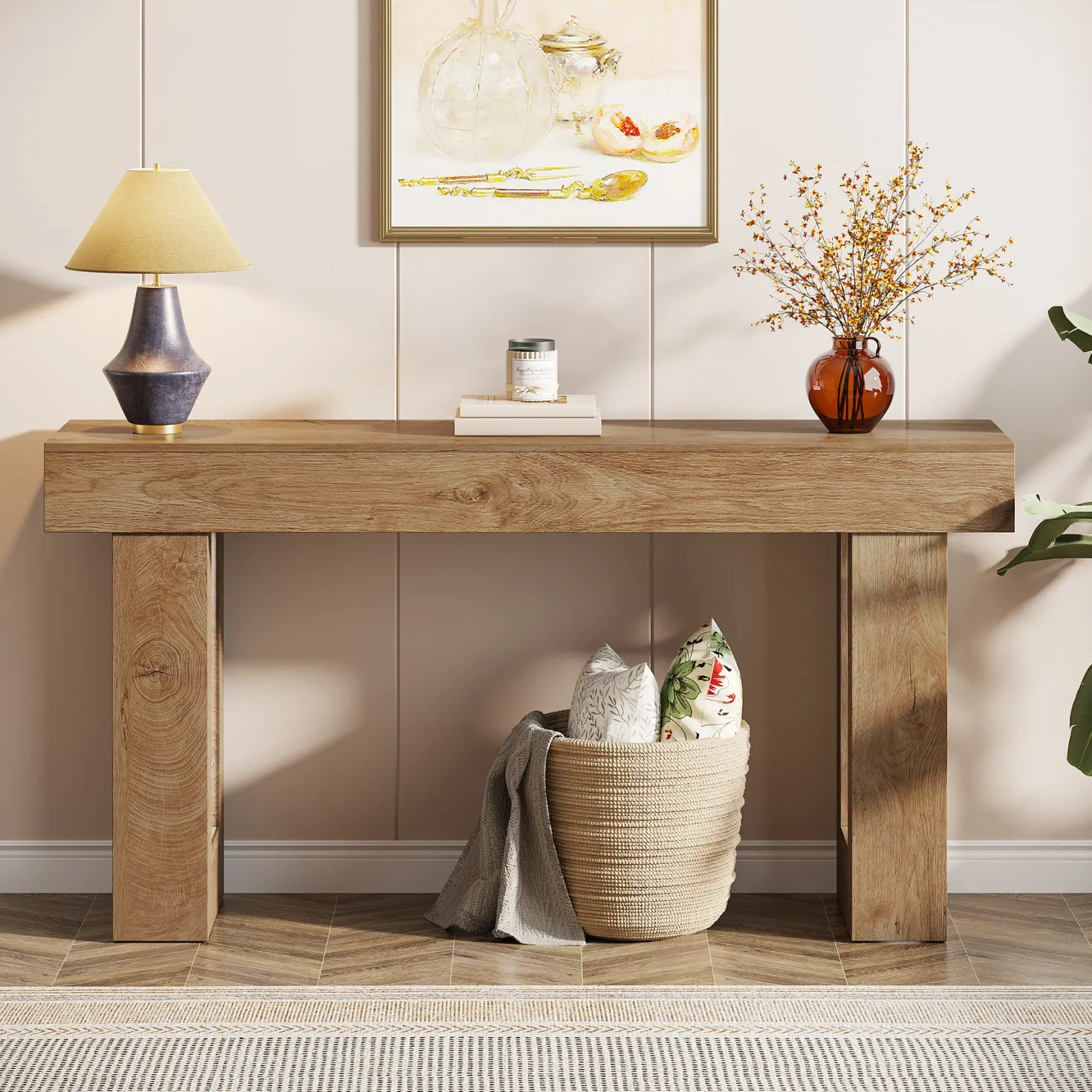 63" Console Table, Rectangular Sofa Table with Thick Legs Behind Couch