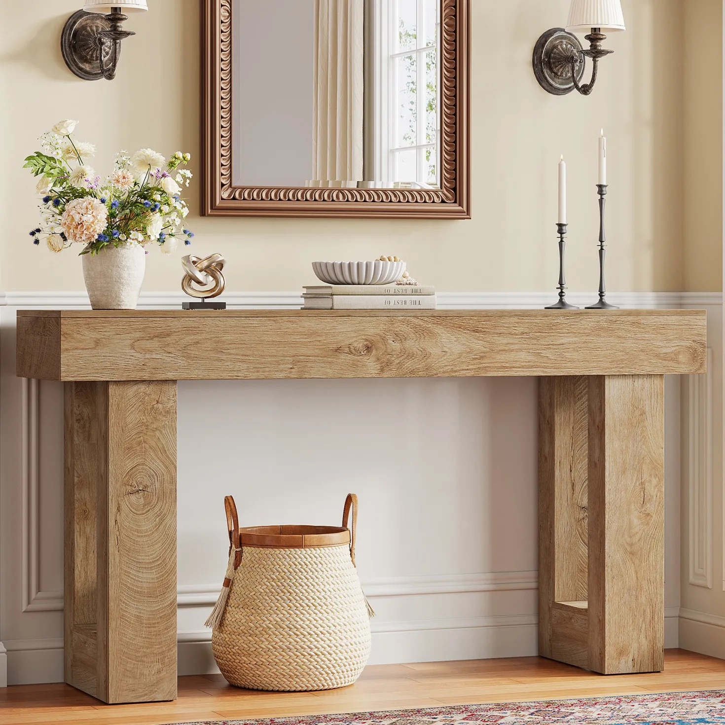 63" Console Table, Rectangular Sofa Table with Thick Legs Behind Couch