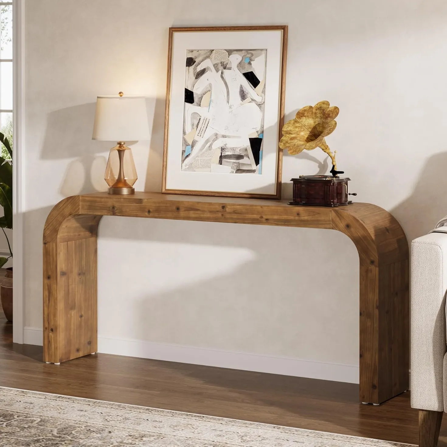 70.8" Console Table, Solid Wood Sofa Table with Curved Corners