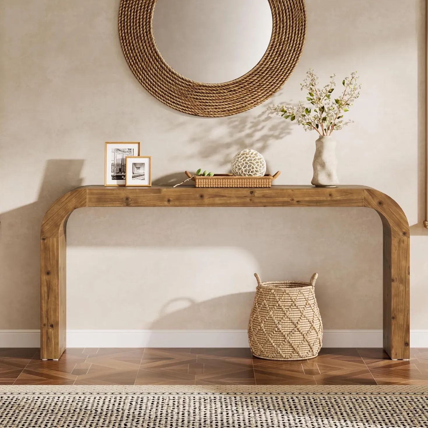 70.8" Console Table, Solid Wood Sofa Table with Curved Corners