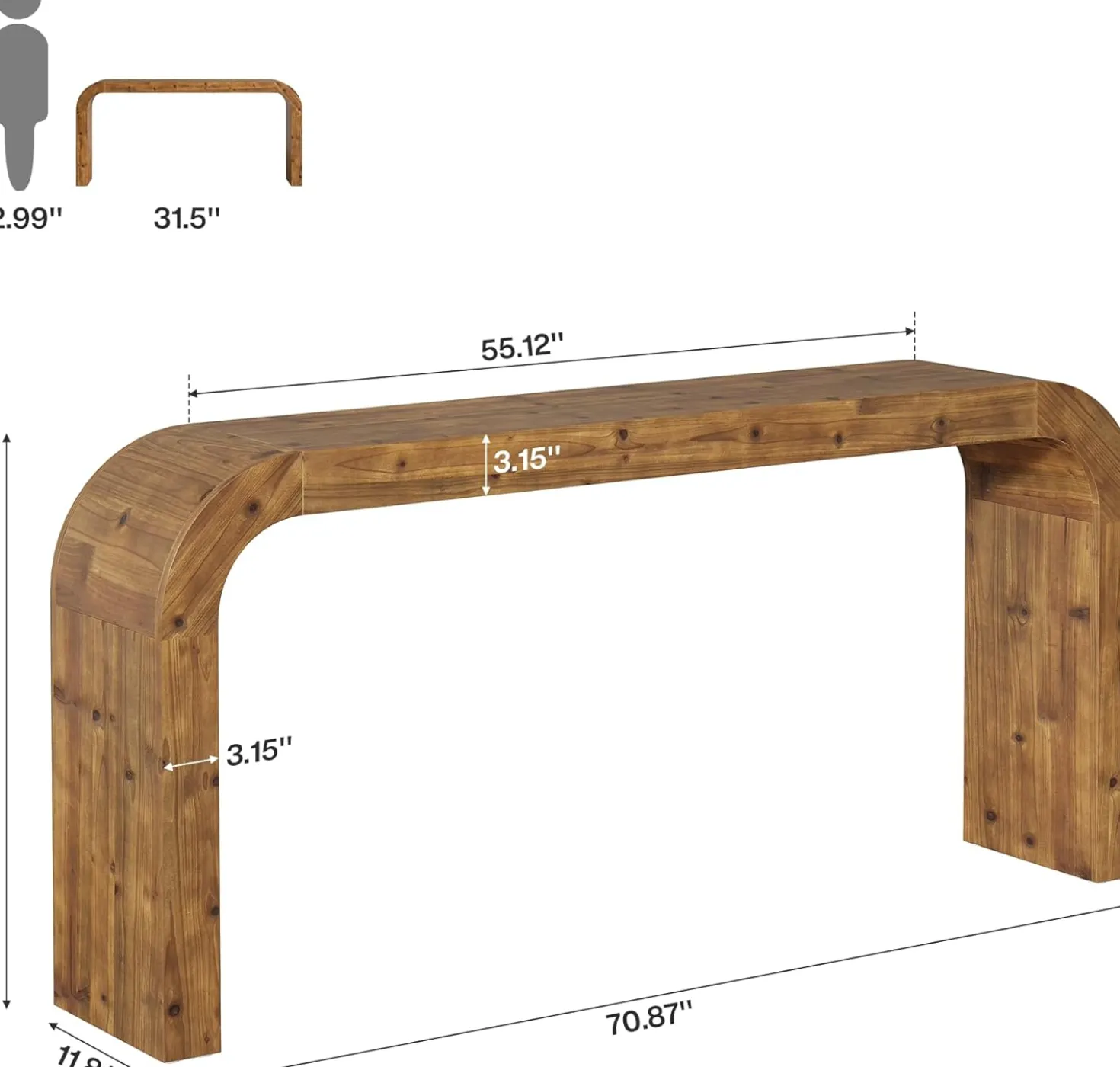 70.8" Console Table, Solid Wood Sofa Table with Curved Corners
