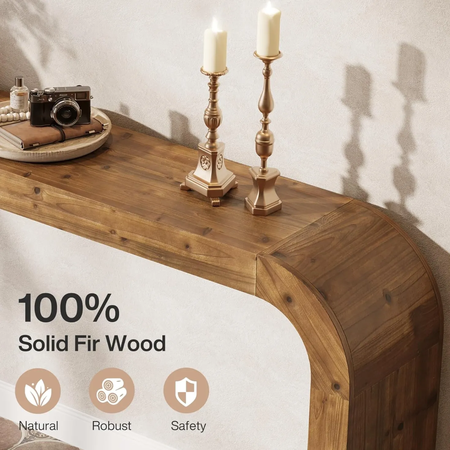 70.8" Console Table, Solid Wood Sofa Table with Curved Corners