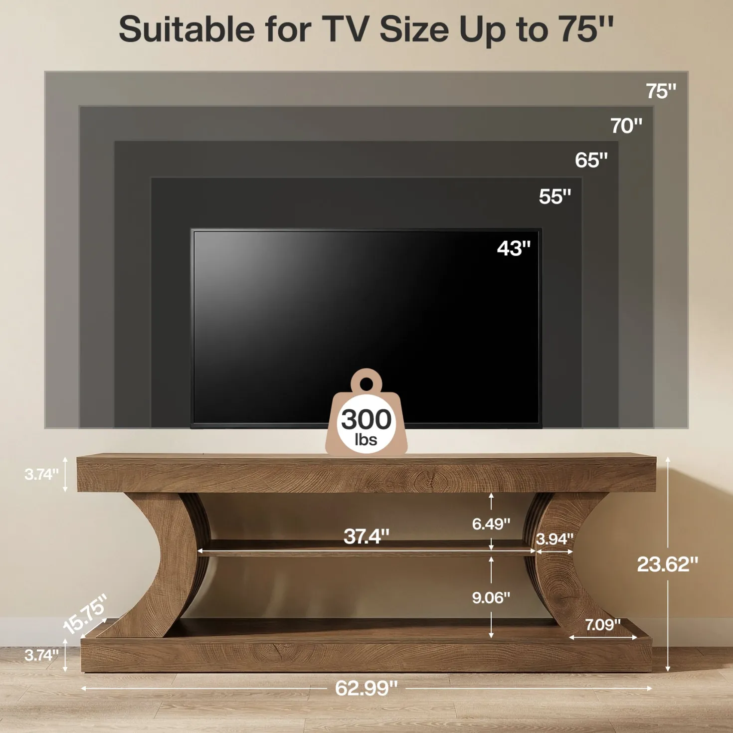 63" Console Table, 3-Tier Entryway Table with Storage for Living Room