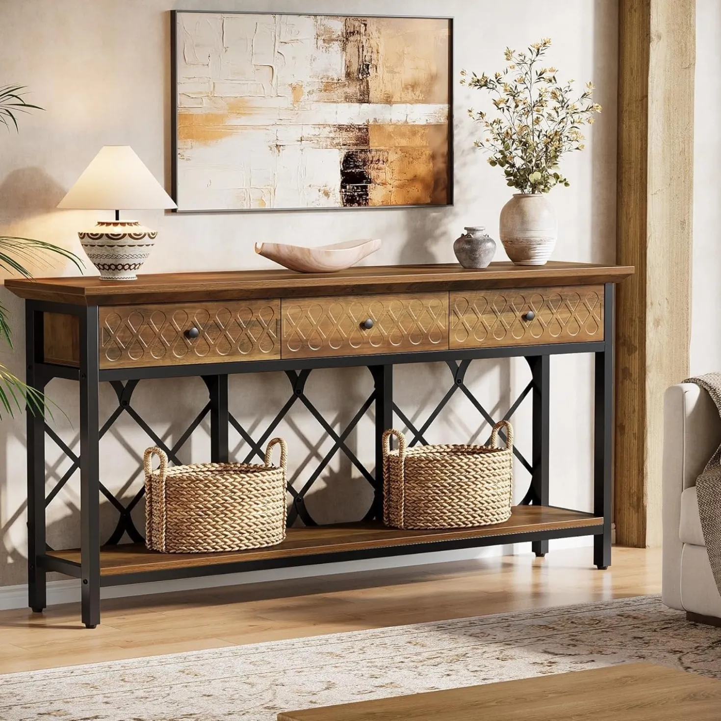 70.8" Console Table, 2-Tier Narrow Entryway Table Sofa Table with 3 Drawers