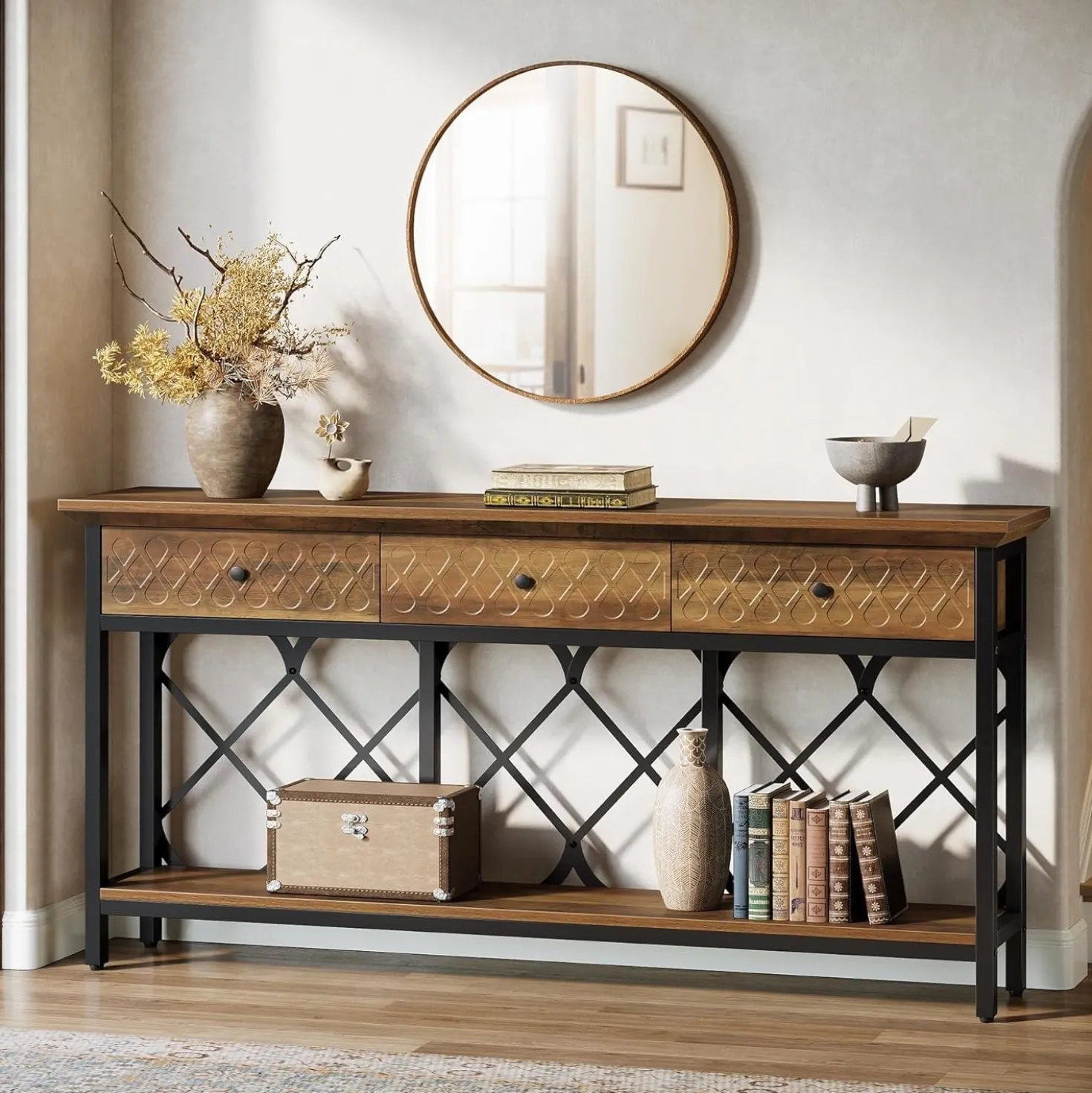 70.8" Console Table, 2-Tier Narrow Entryway Table Sofa Table with 3 Drawers