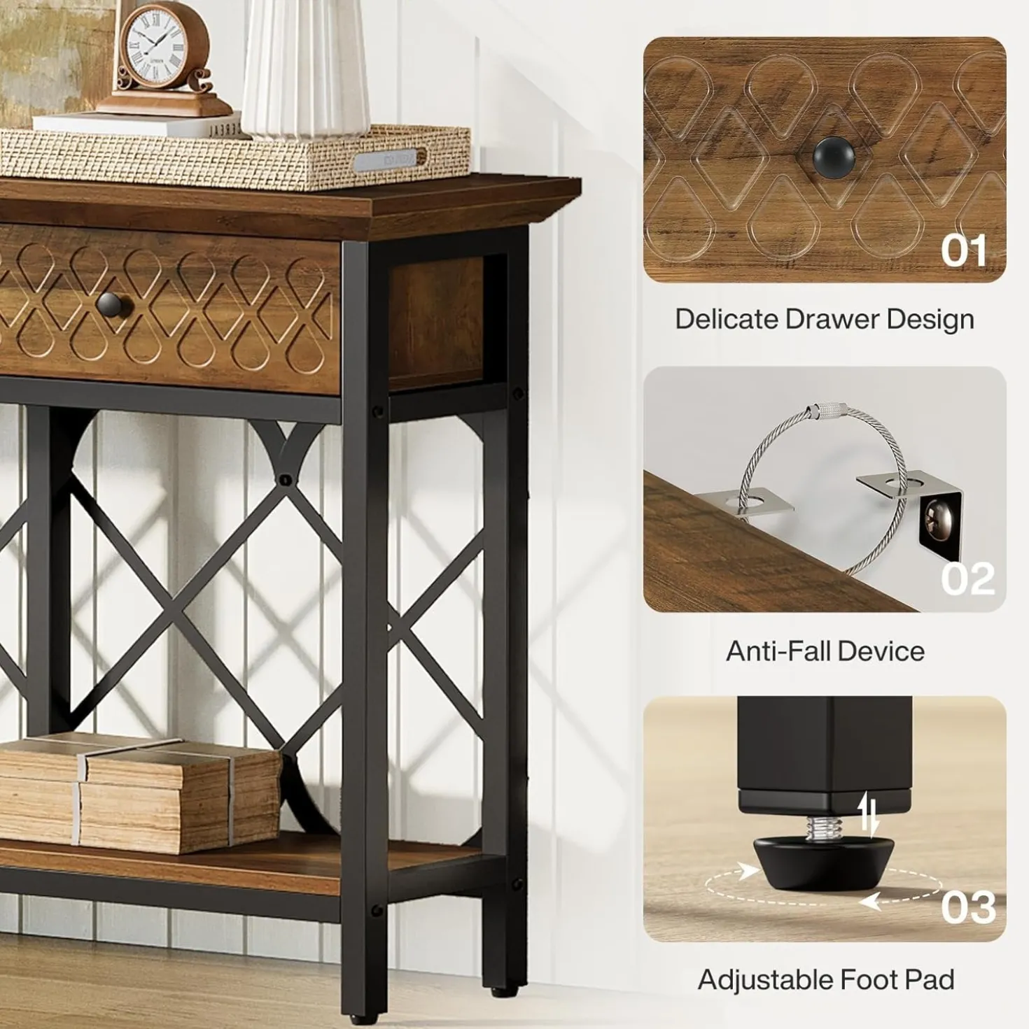 70.8" Console Table, 2-Tier Narrow Entryway Table Sofa Table with 3 Drawers