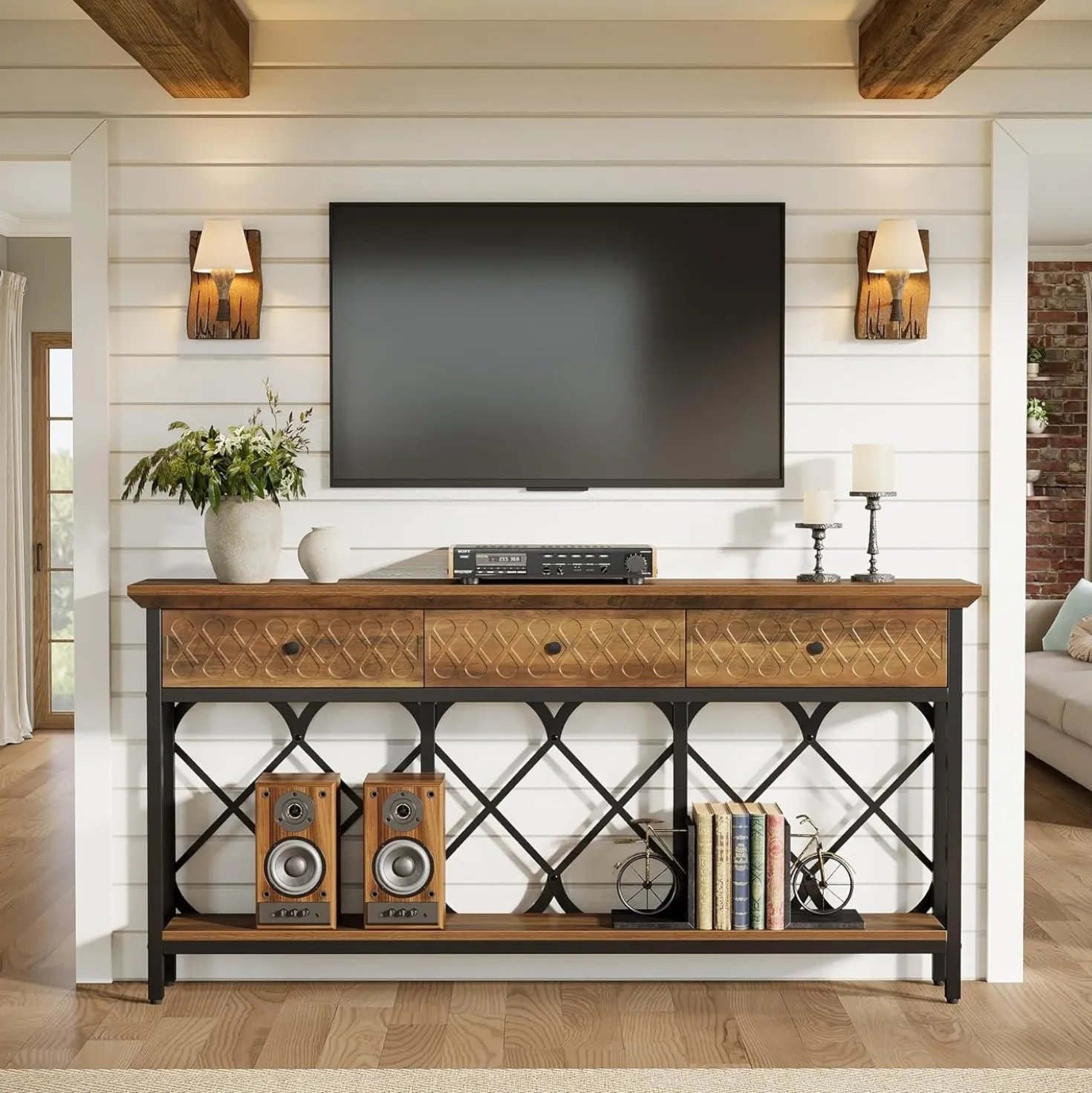 70.8" Console Table, 2-Tier Narrow Entryway Table Sofa Table with 3 Drawers