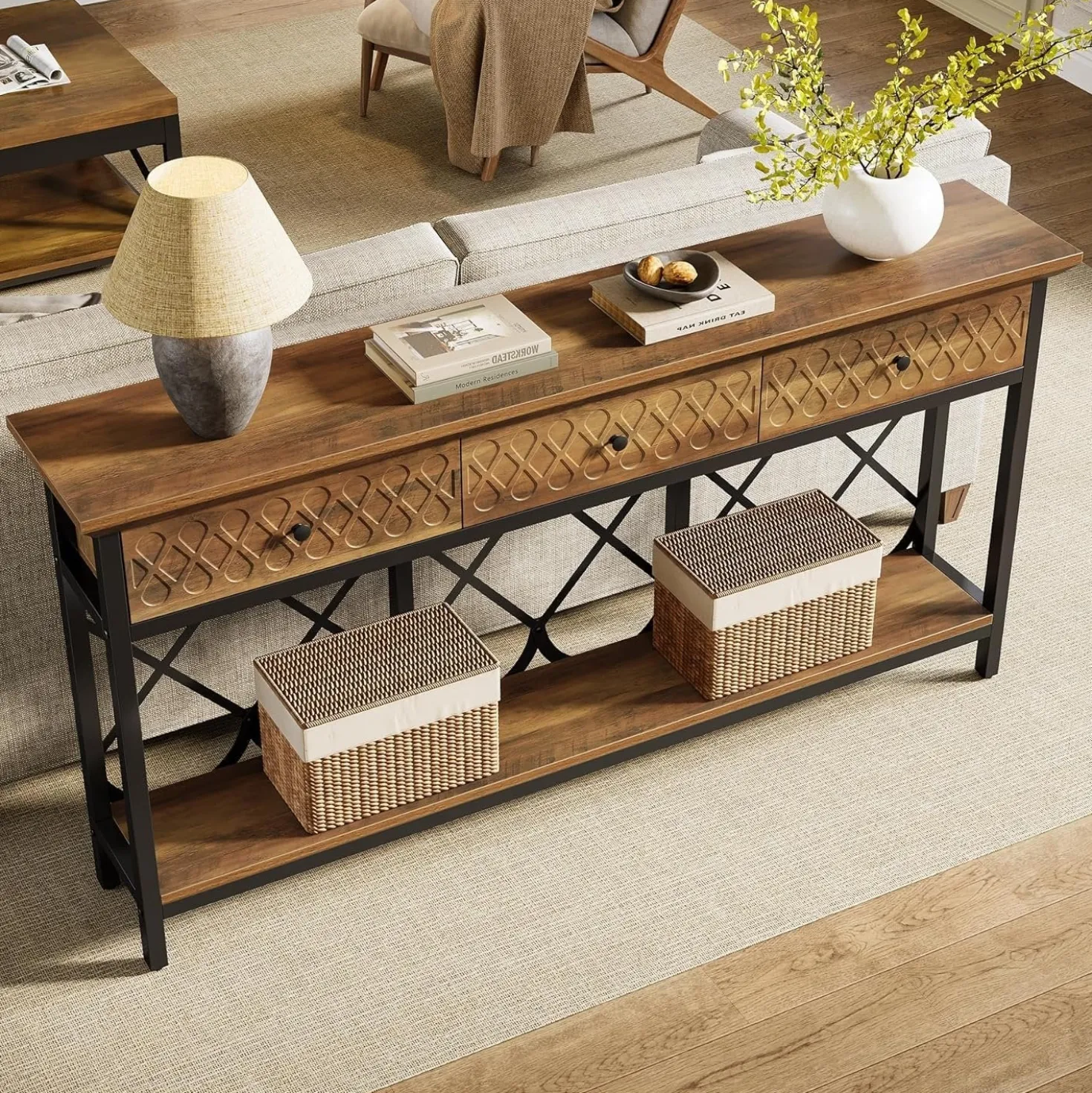 70.8" Console Table, 2-Tier Narrow Entryway Table Sofa Table with 3 Drawers